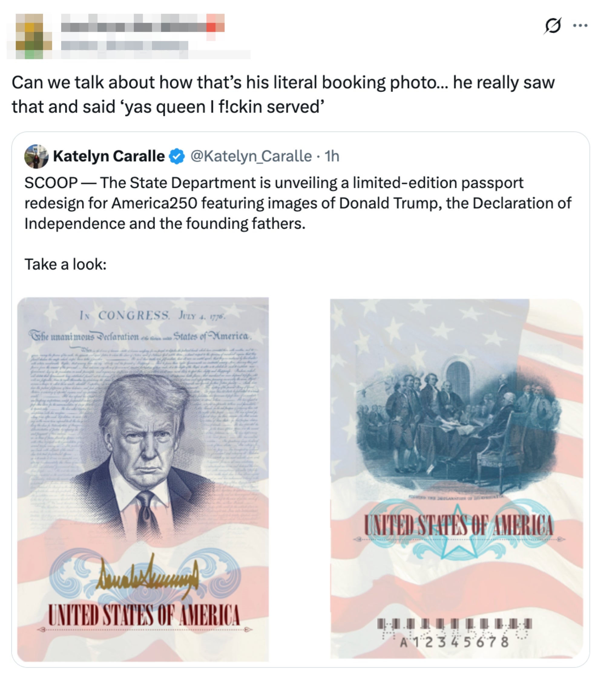 Kommentar til redesignet amerikansk pass med kjente historiske dokumenter og figurer, inkludert en tweet som diskuterer virkningen