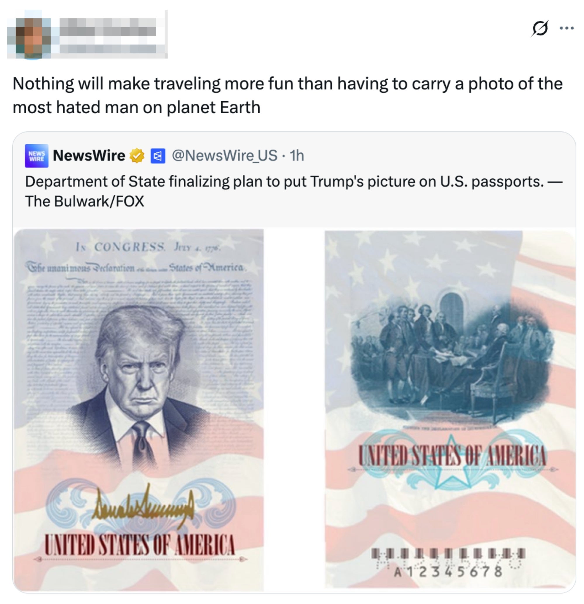 Tweet av Mike Drucker som fleiper om planer om å sette Trumps bilde på amerikanske pass, som viser en mock-up av en passside med Trumps ansikt