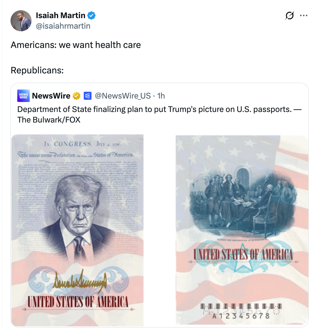 Tweet om helsedebatt inneholder et mock-up bilde av et amerikansk pass med Trumps ansikt på det