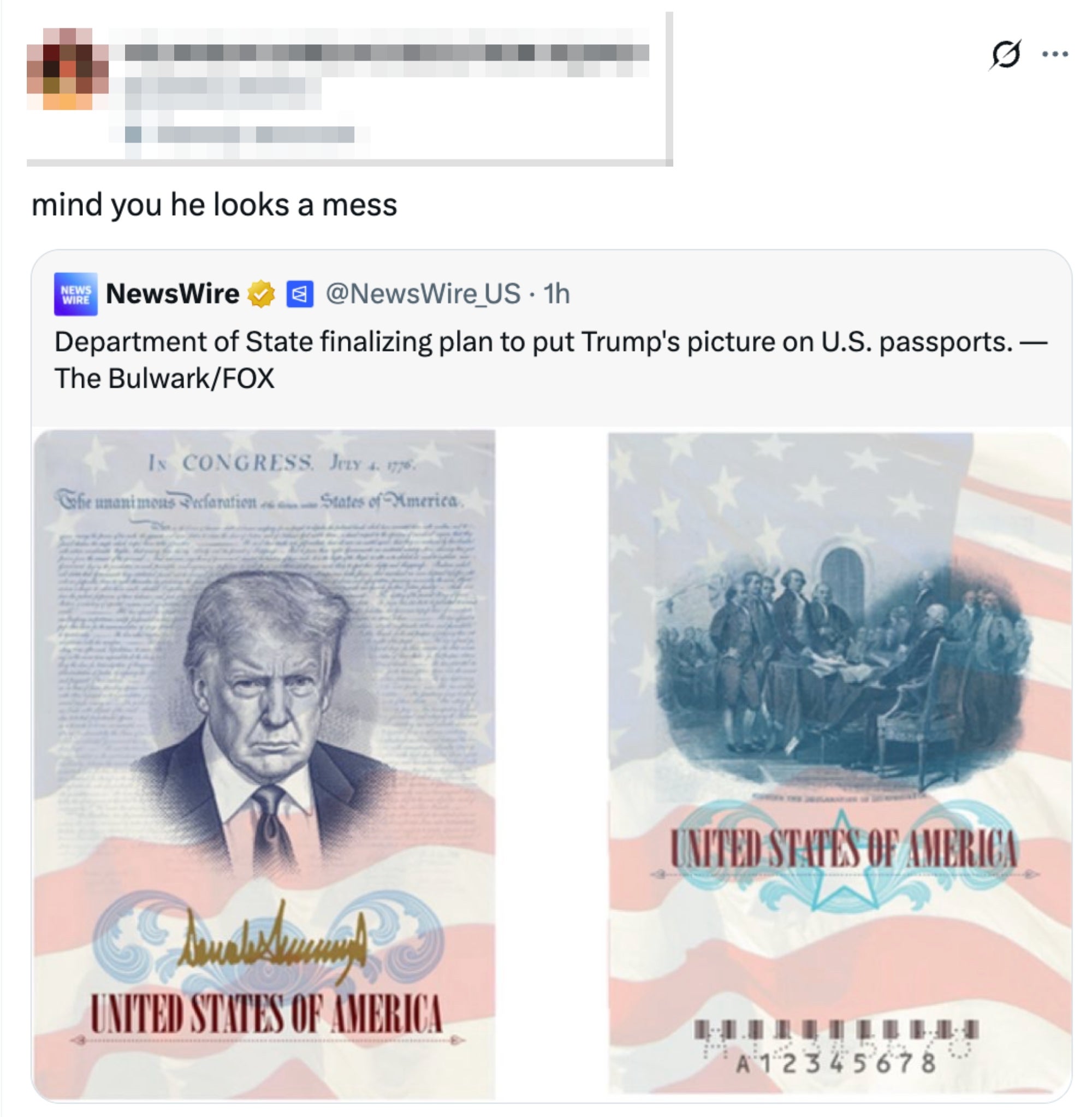 Tweet som diskuterer en nyhetsoverskrift om en plan om å sette Trumps bilde på amerikanske pass, med et redigert bilde av Trumps ansikt på et pass