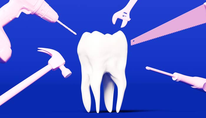 Illustration of a bony   surrounded by tools similar  a drill and hammer, symbolizing dental wellness  attraction   and repair