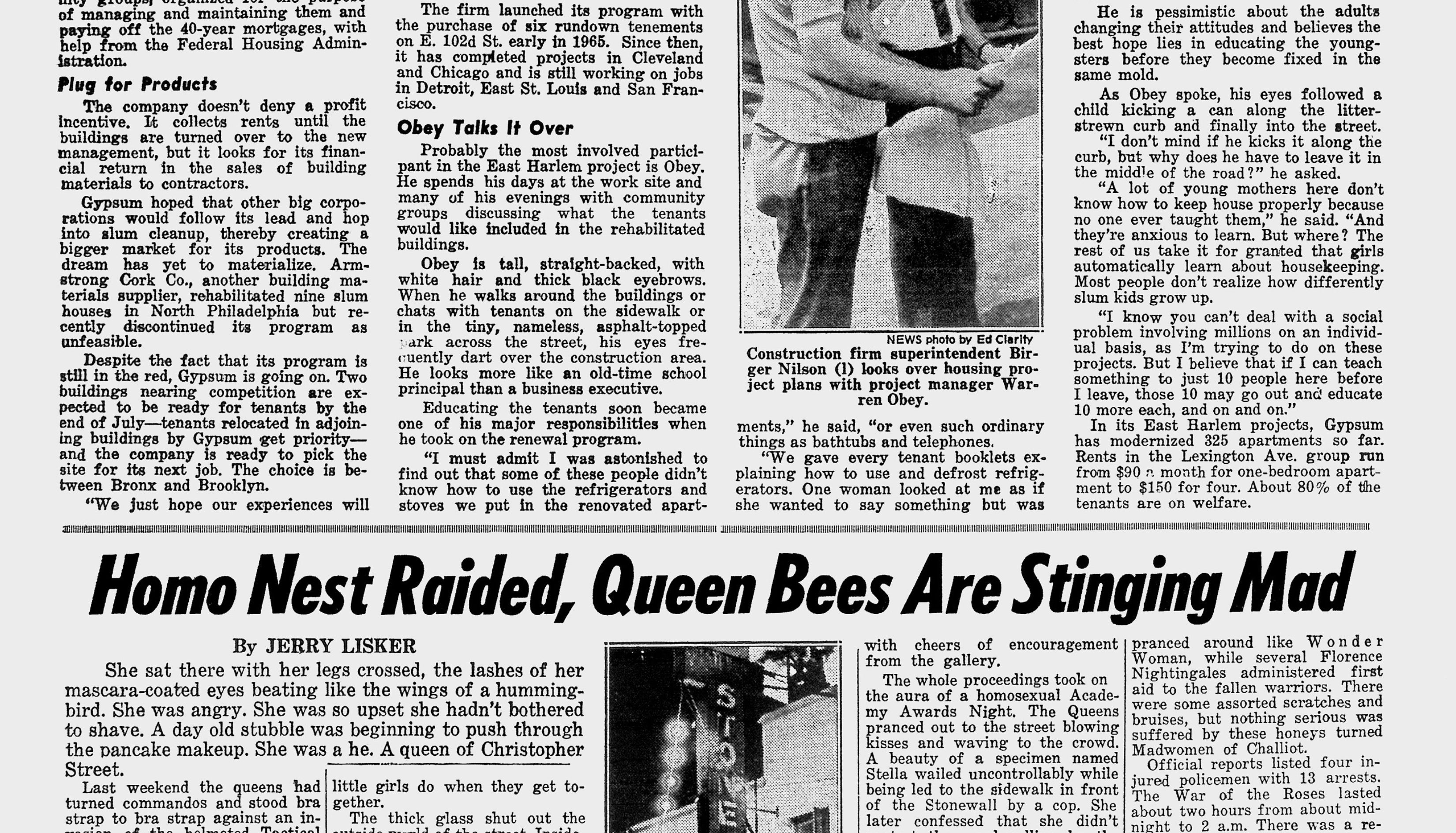 A 1969 paper  beforehand   leafage   with aggregate  headlines including "Covering Firm Covers Up Slums" and "Homo Nest Raided, Queen Bees Are Stinging Mad."