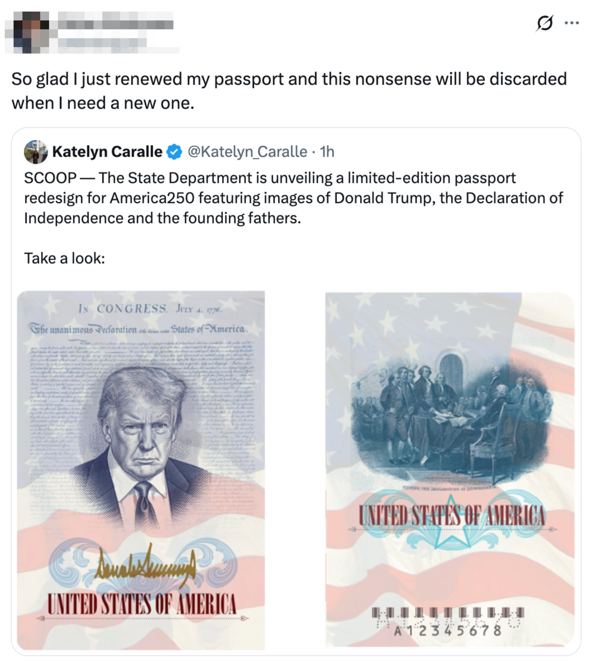 Tweet som viser et passdesign med en falsk illustrasjon av Donald Trump til venstre og en amerikansk historisk scene til høyre