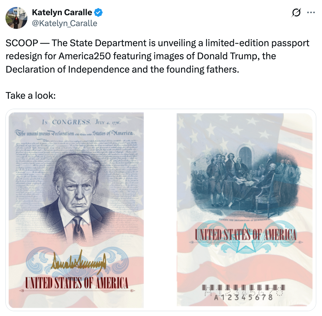 Tweet om et nytt amerikansk passdesign for America250 med bilder av Donald Trump og grunnleggerne