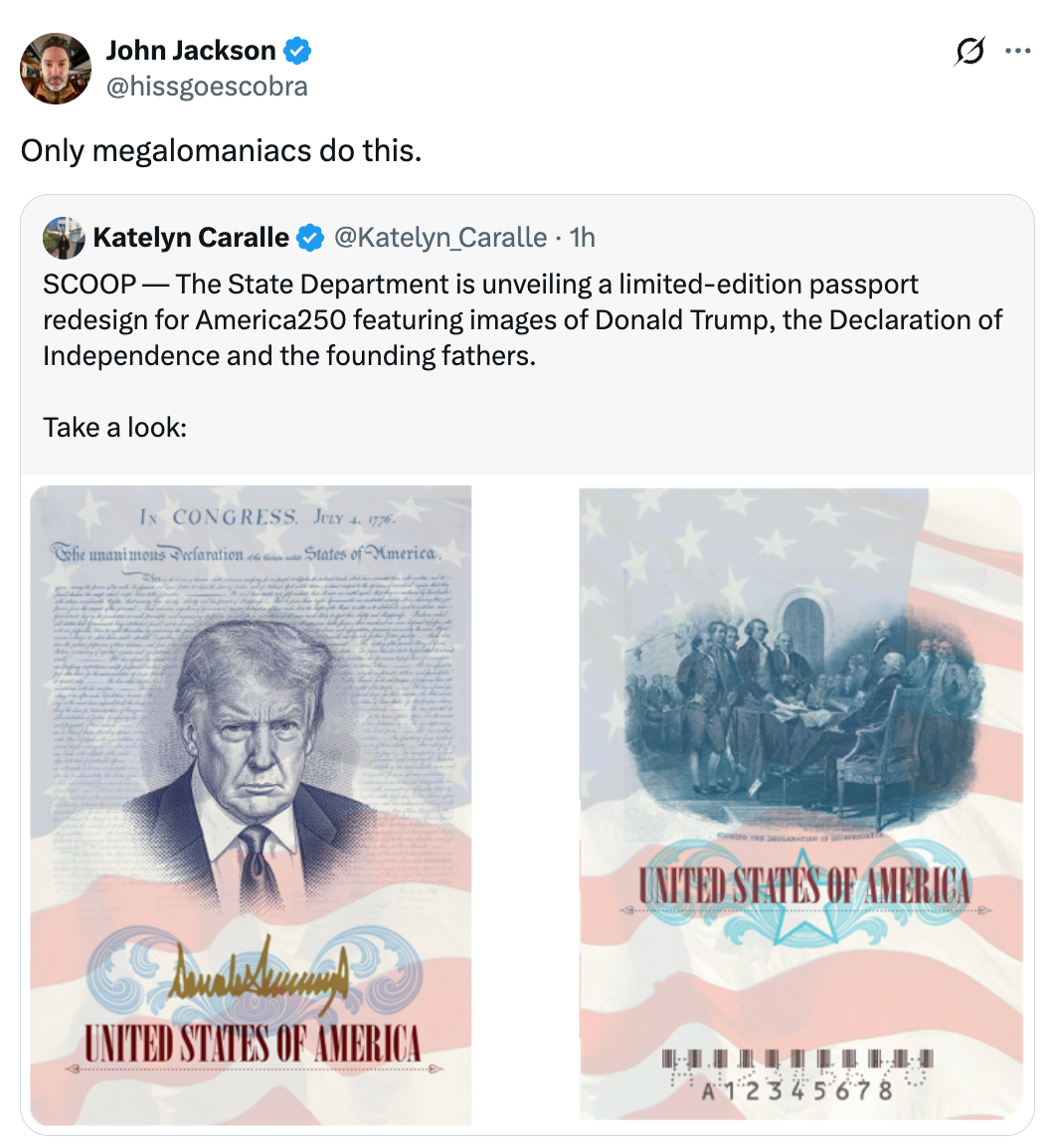 Tweet som viser et foreslått amerikansk pass-redesign med Donald Trump og historiske amerikanske scener