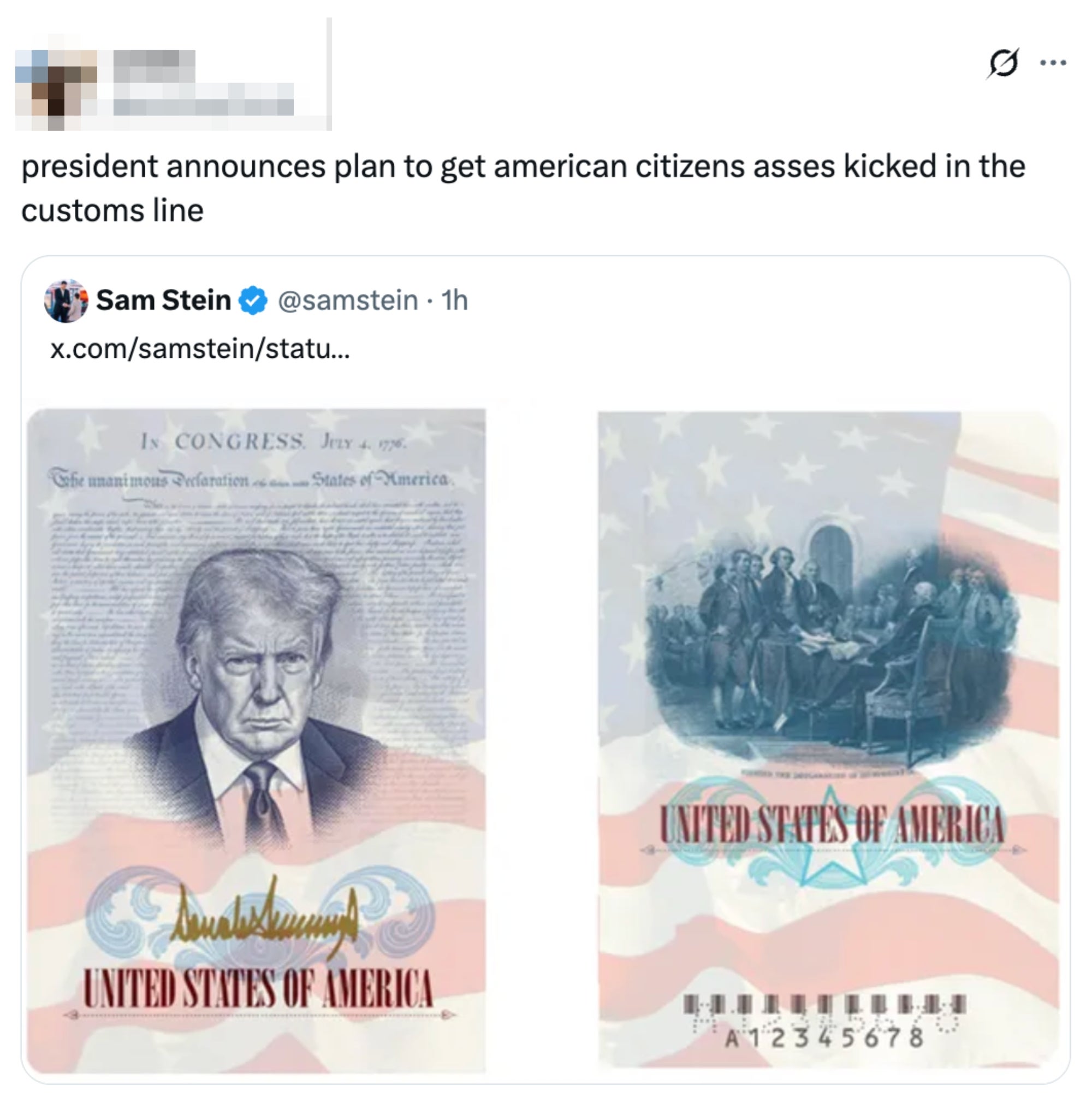 Et satirisk bilde viser et falskt pass med en karikatur av en politisk skikkelse, akkompagnert av en humoristisk tweet om reisespørsmål for amerikanske borgere