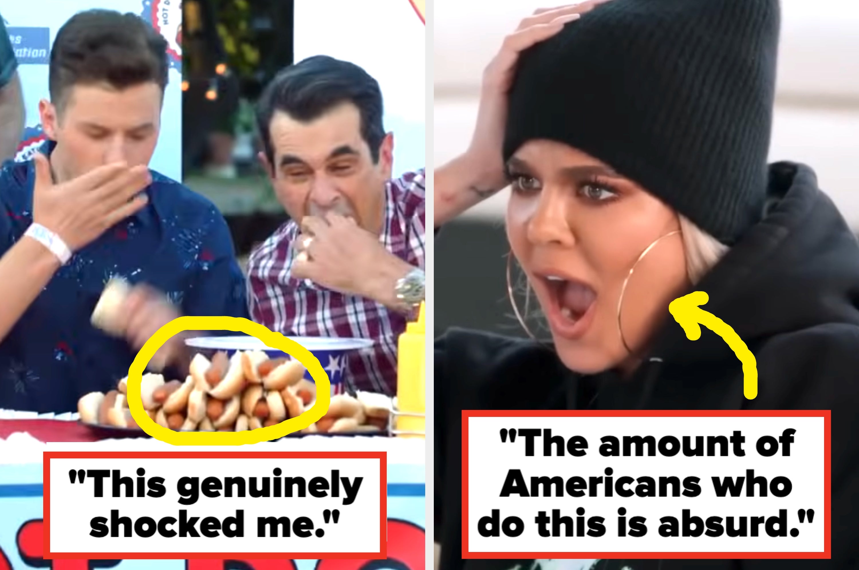 Split image: Two men eating and laughing on the left; surprised woman in a beanie on the right. Text reads: "They eat so much food, it's insane."