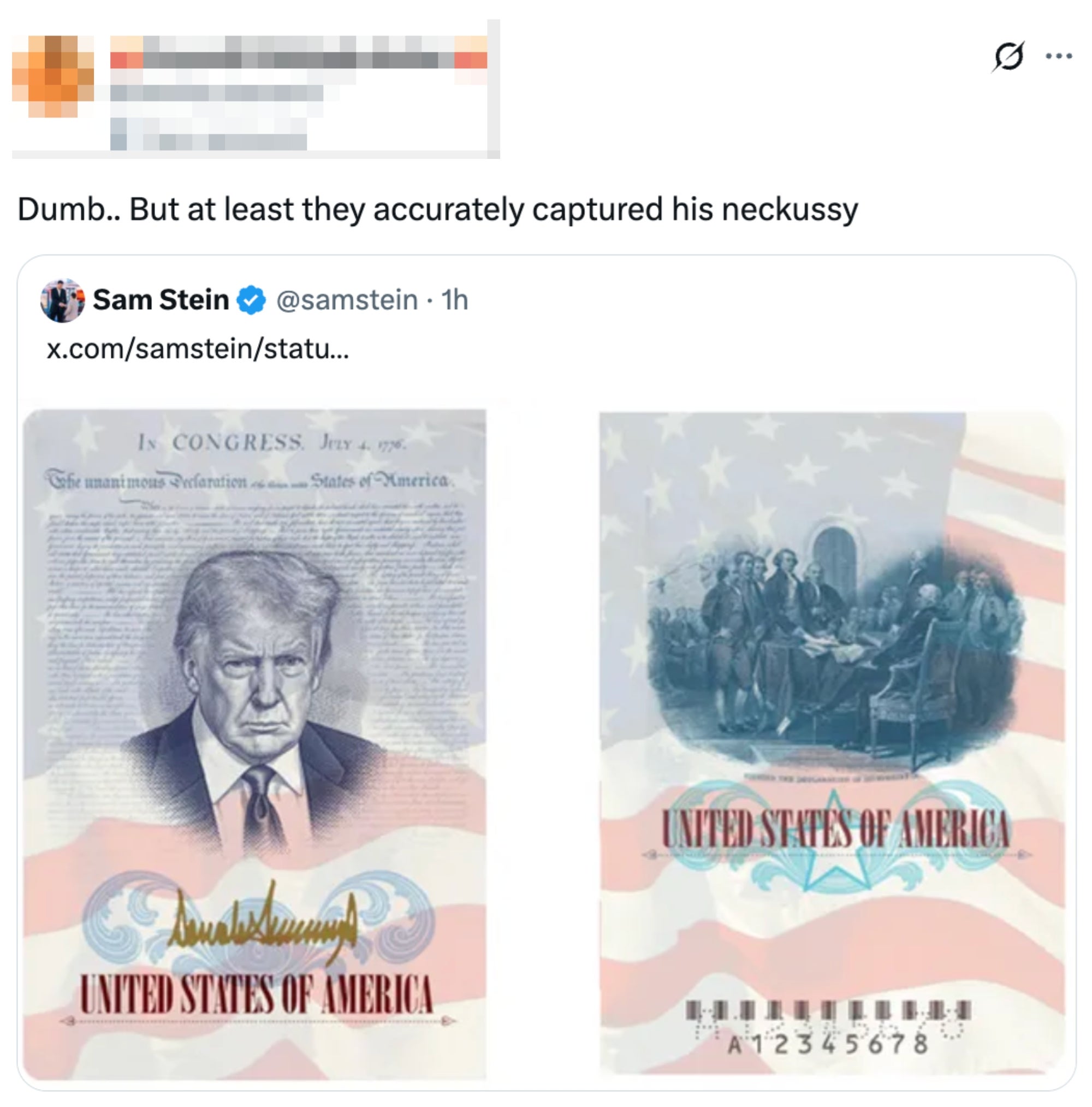 Twitter-innlegg som håner kunst med endret valuta med Donald Trumps ansikt og en uttalelse om å fange hans likhet