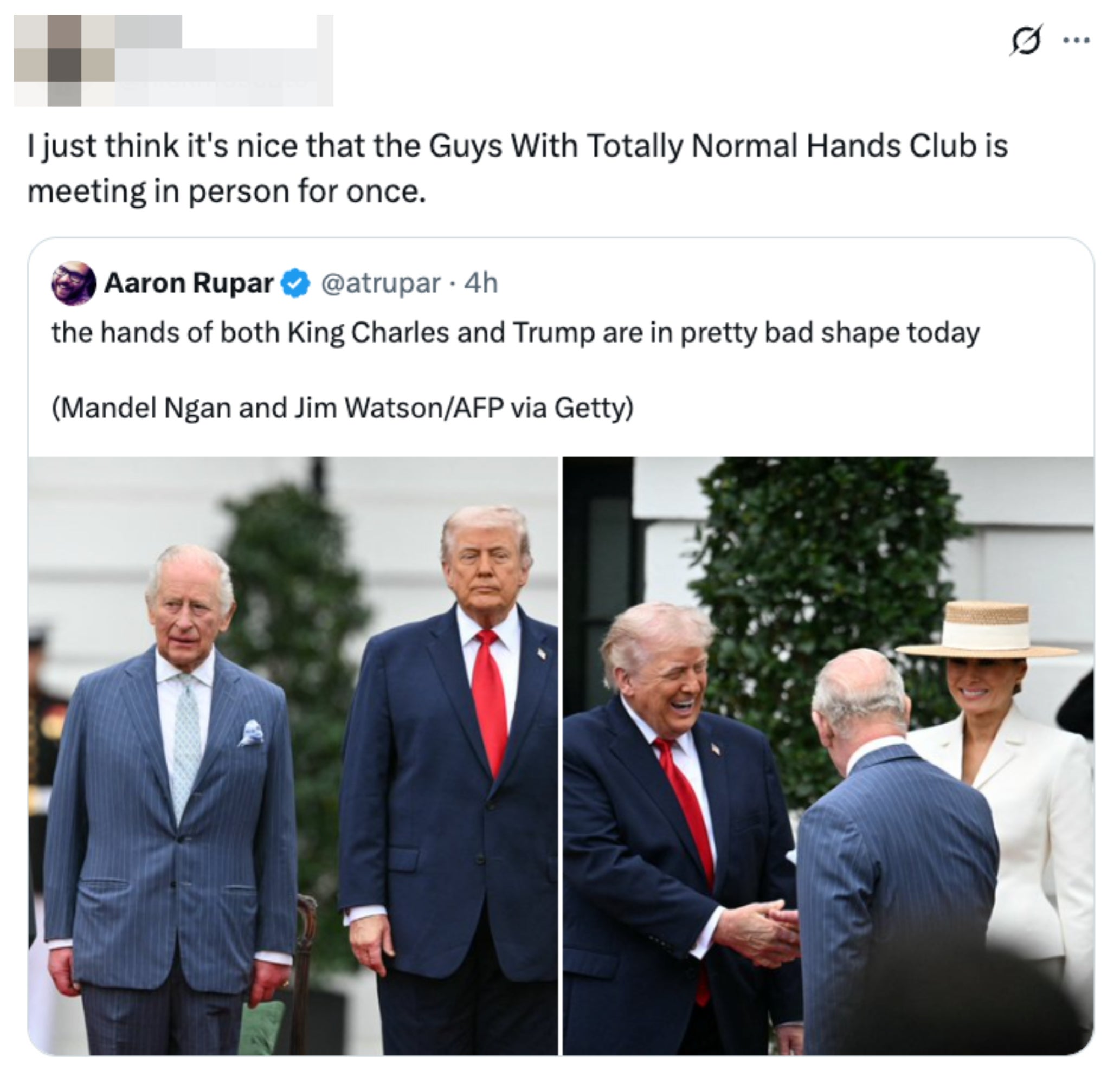 Delt bilde: Kong Charles og Donald Trump er til venstre; til høyre håndhilser Trump med Charles mens Melania Trump ser på