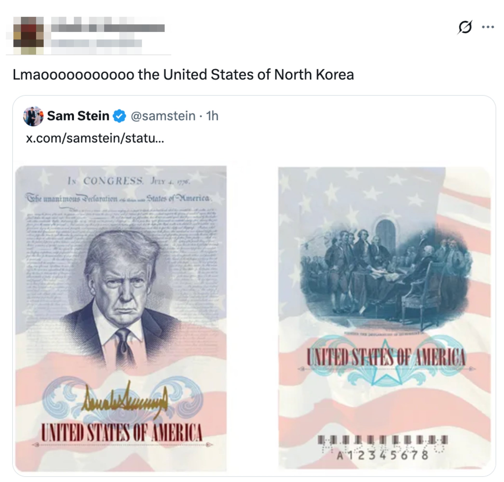 Et satirisk bilde viser en fiktiv amerikansk seddel med en politisk figurs portrett merket