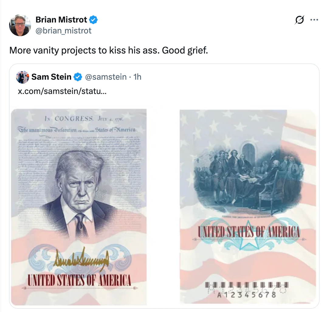 Bilde som viser en satirisk mock-up av alternativ amerikansk valuta med et portrett av en politisk skikkelse, sammen med kritikk i en tweet