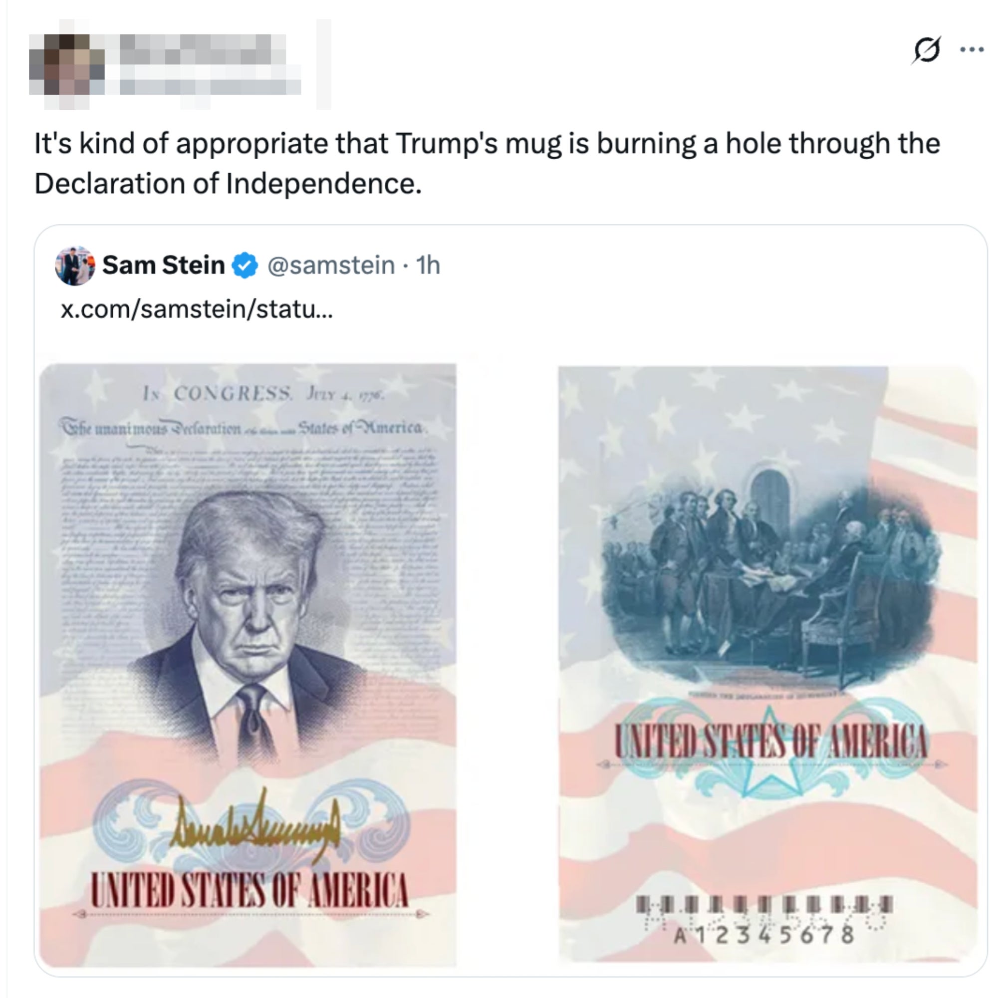 En tweet som viser en endret dollarseddel med Donald Trumps ansikt og paroditekst om USAs uavhengighetserklæring