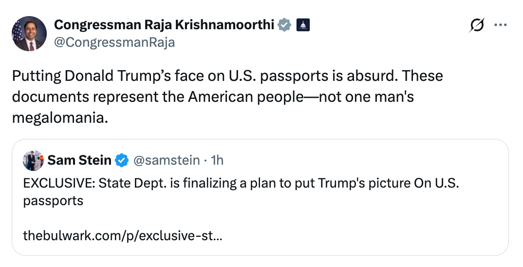 Tweet av kongressmedlem Raja Krishnamoorthi som kritiserer en rapport om at Donald Trumps ansikt ble lagt til amerikanske pass, og kalte det absurd