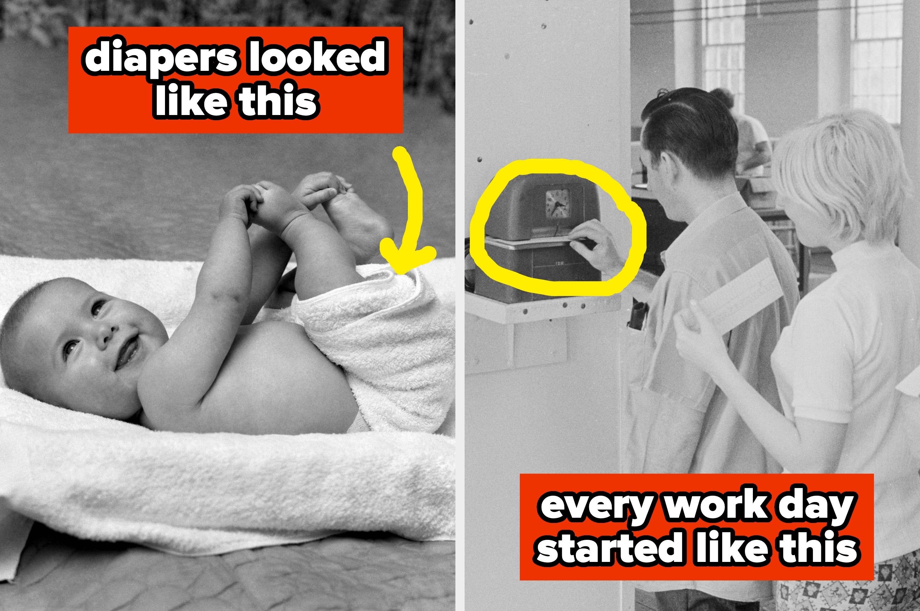 Two 1970s office scenes: one woman typing, another using a rotary phone with files around her. Yellow and blue text reads, "Office life in the '70s."