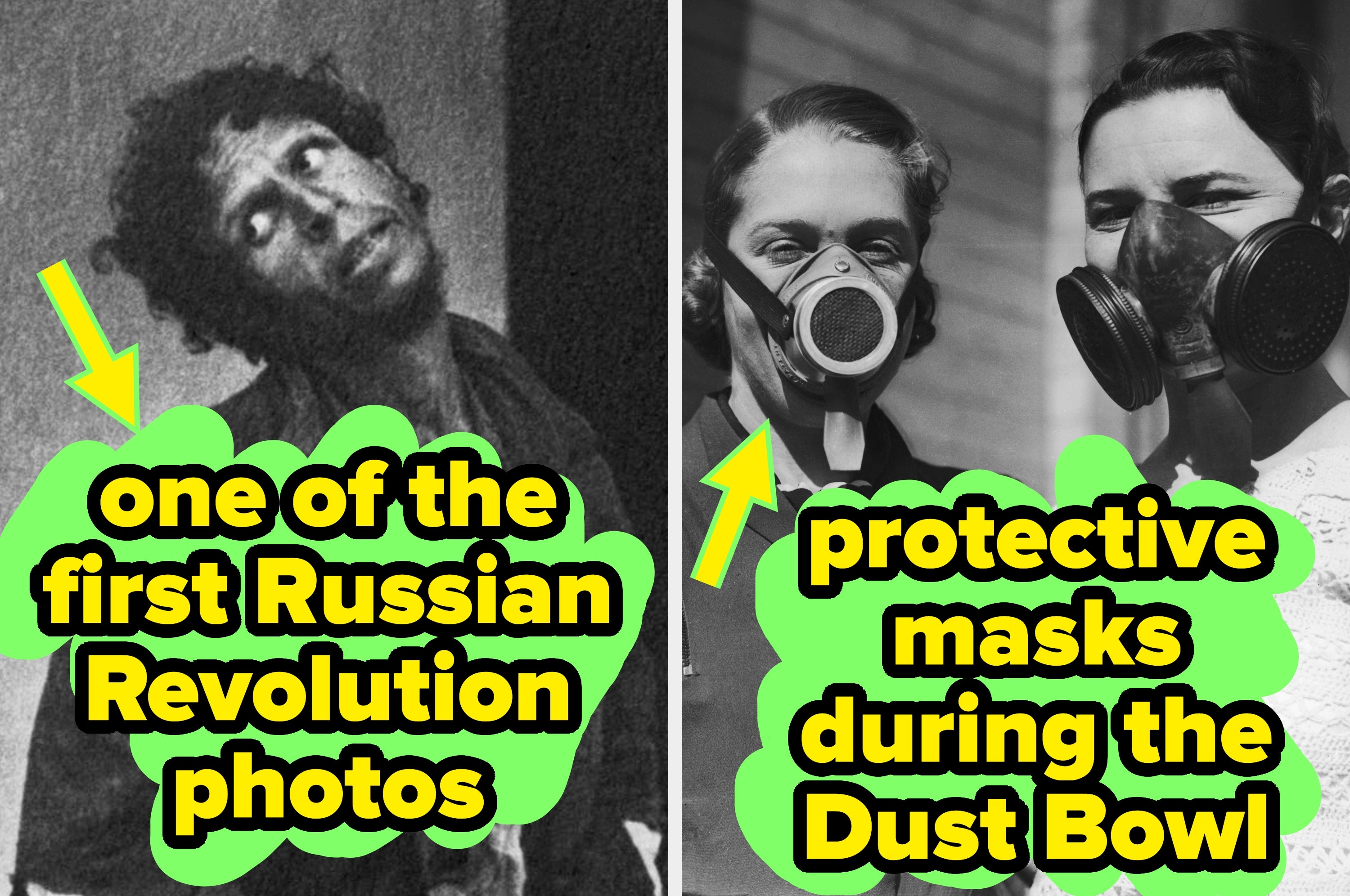 Split image showing a Russian Revolution photo on the left, and people wearing protective masks during the Dust Bowl on the right