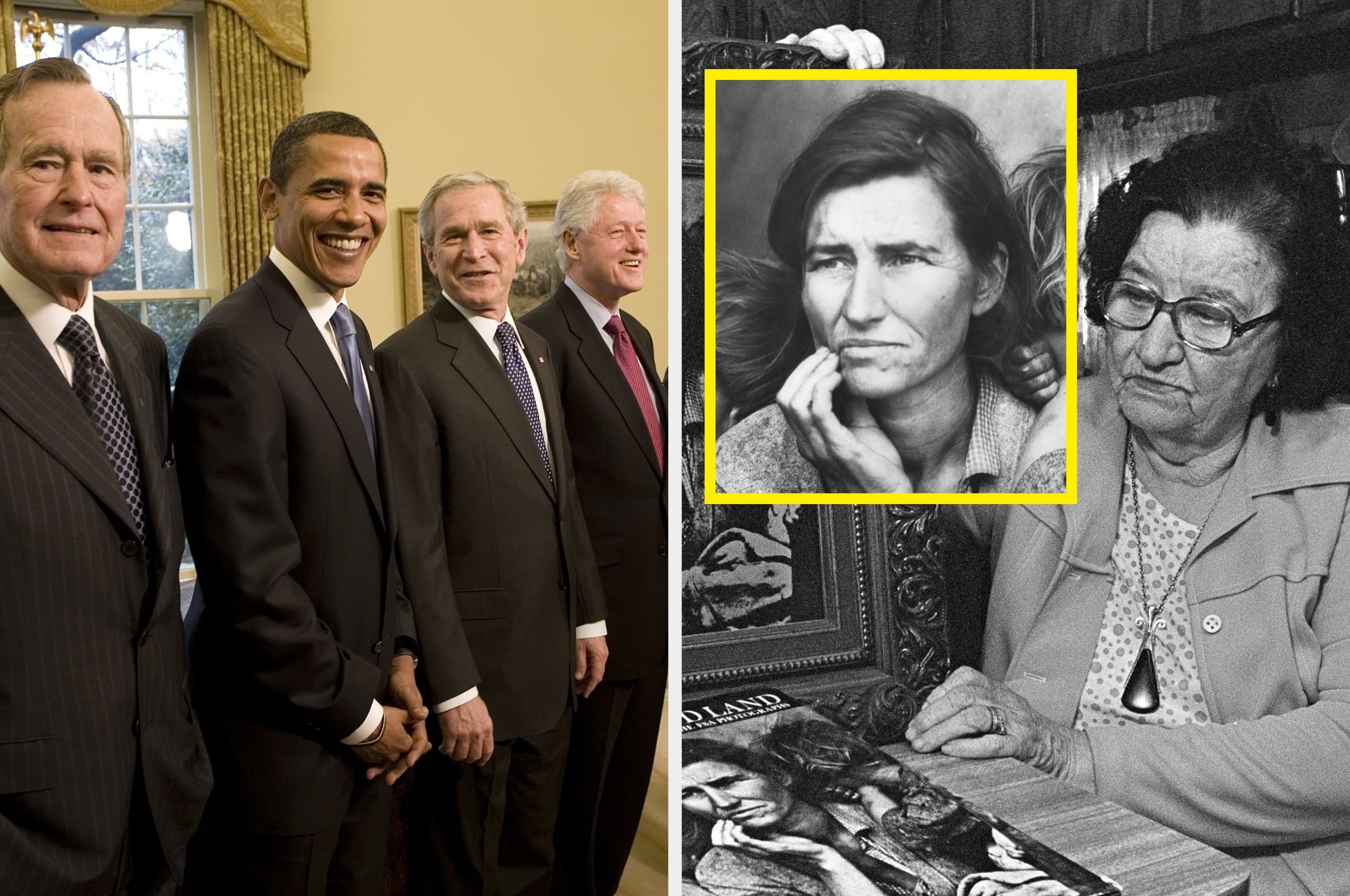 Four former U.S. presidents standing together; inset photo shows a woman with her hand on her face, next to a historical figure