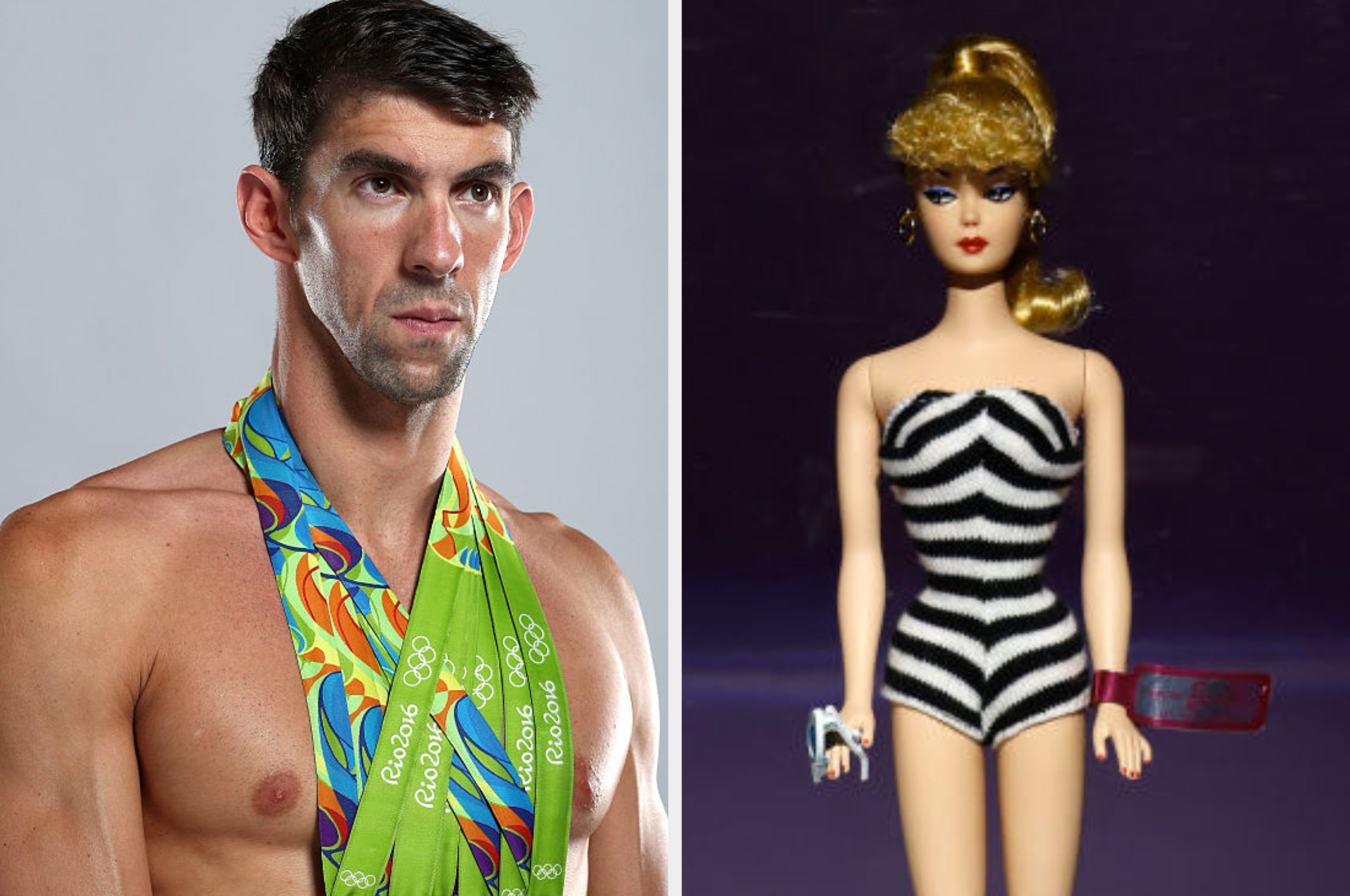 Two images: a swimmer with Olympic medals and a doll in a black and white striped outfit