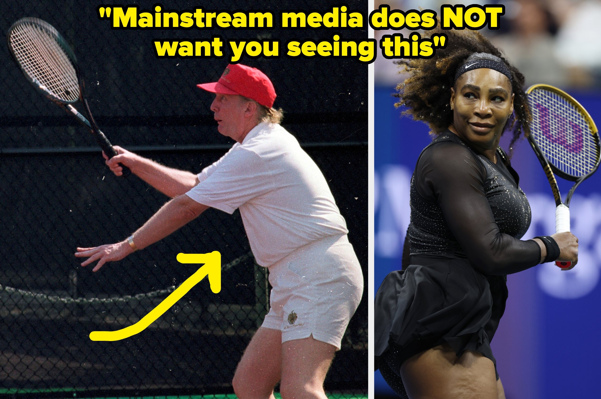 Side-by-side of two people playing tennis. Left: person in casual sportswear. Right: person in athletic tennis outfit. Yellow text and arrow included