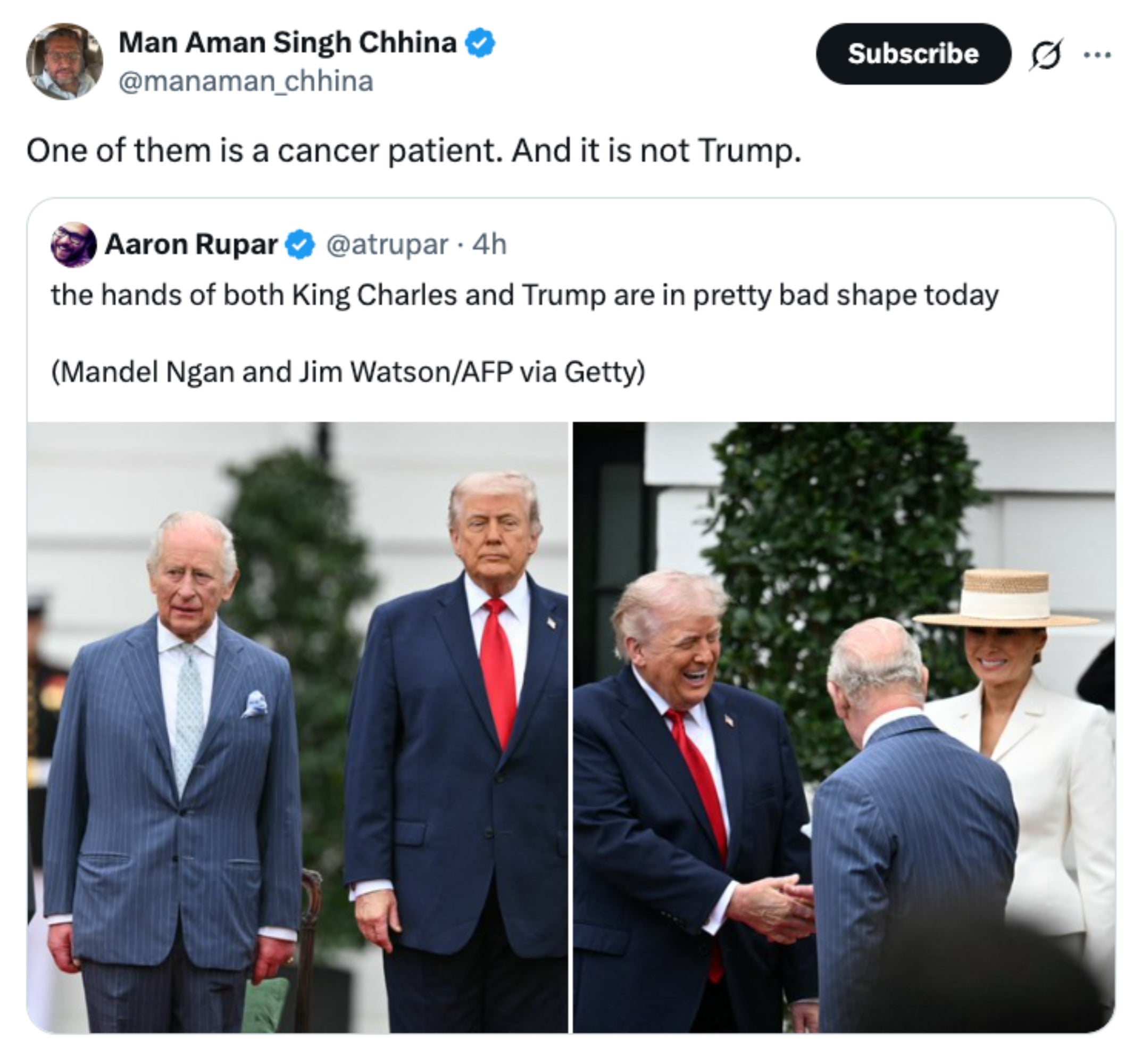 Delt bilde: Kong Charles og Donald Trump er til venstre; til høyre håndhilser Trump med Charles mens Melania Trump ser på