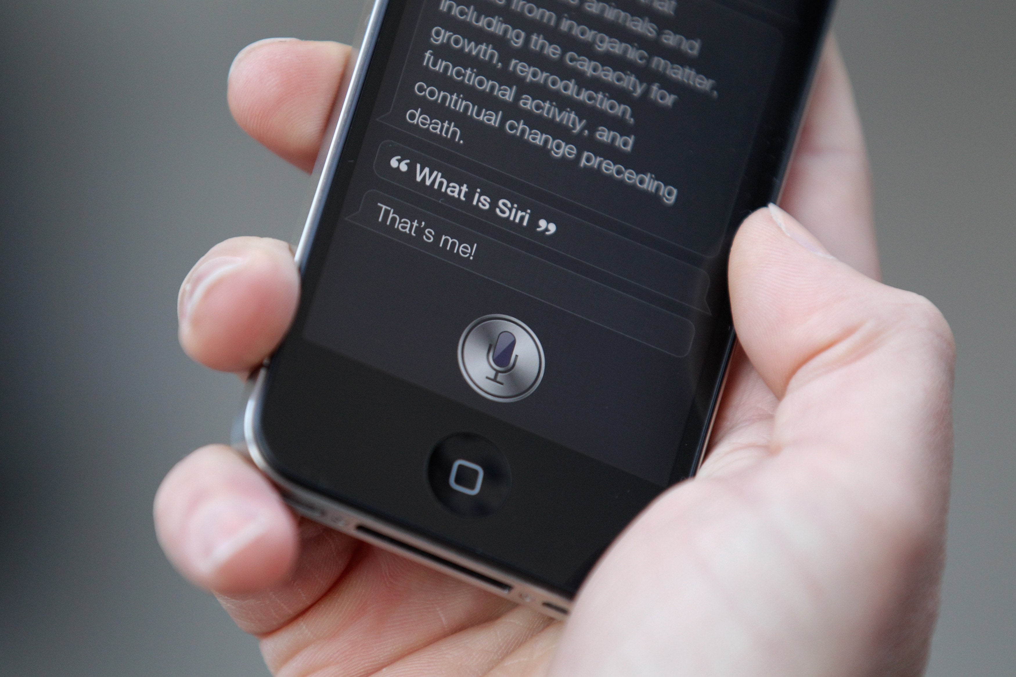 Close-up of a smartphone showing a integer  adjunct  interface responding to the query "What is Siri" with "That's me!"