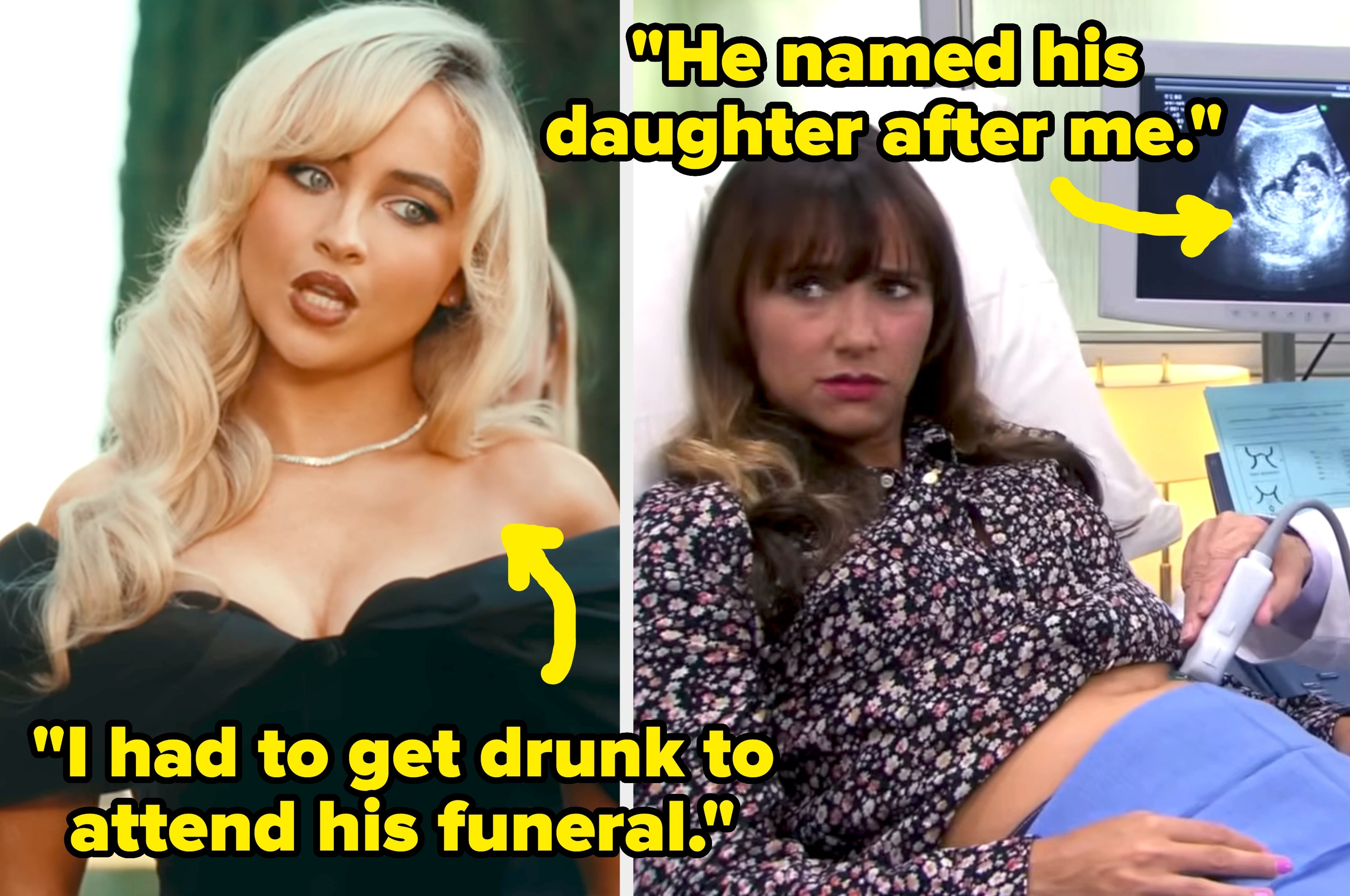 Split image: Left shows a person with long hair speaking. Right shows a pregnant person having an ultrasound, comments about daughter's name and funeral