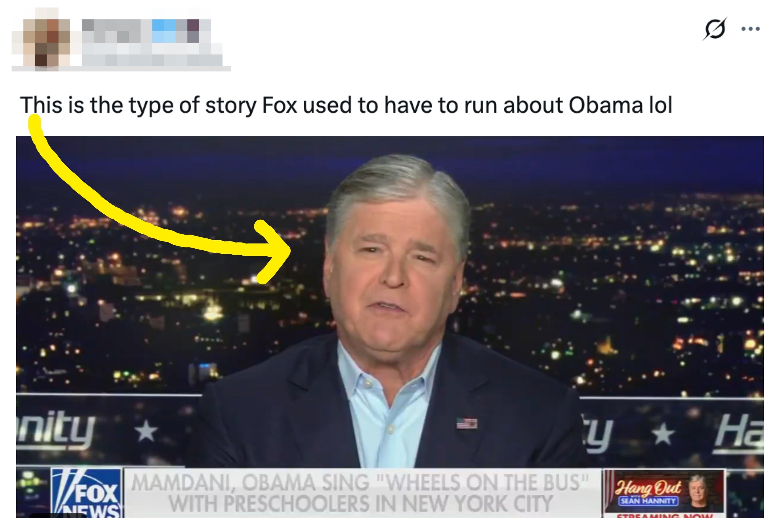 TV news host speaks with city lights in the background. The caption references a past story about Obama