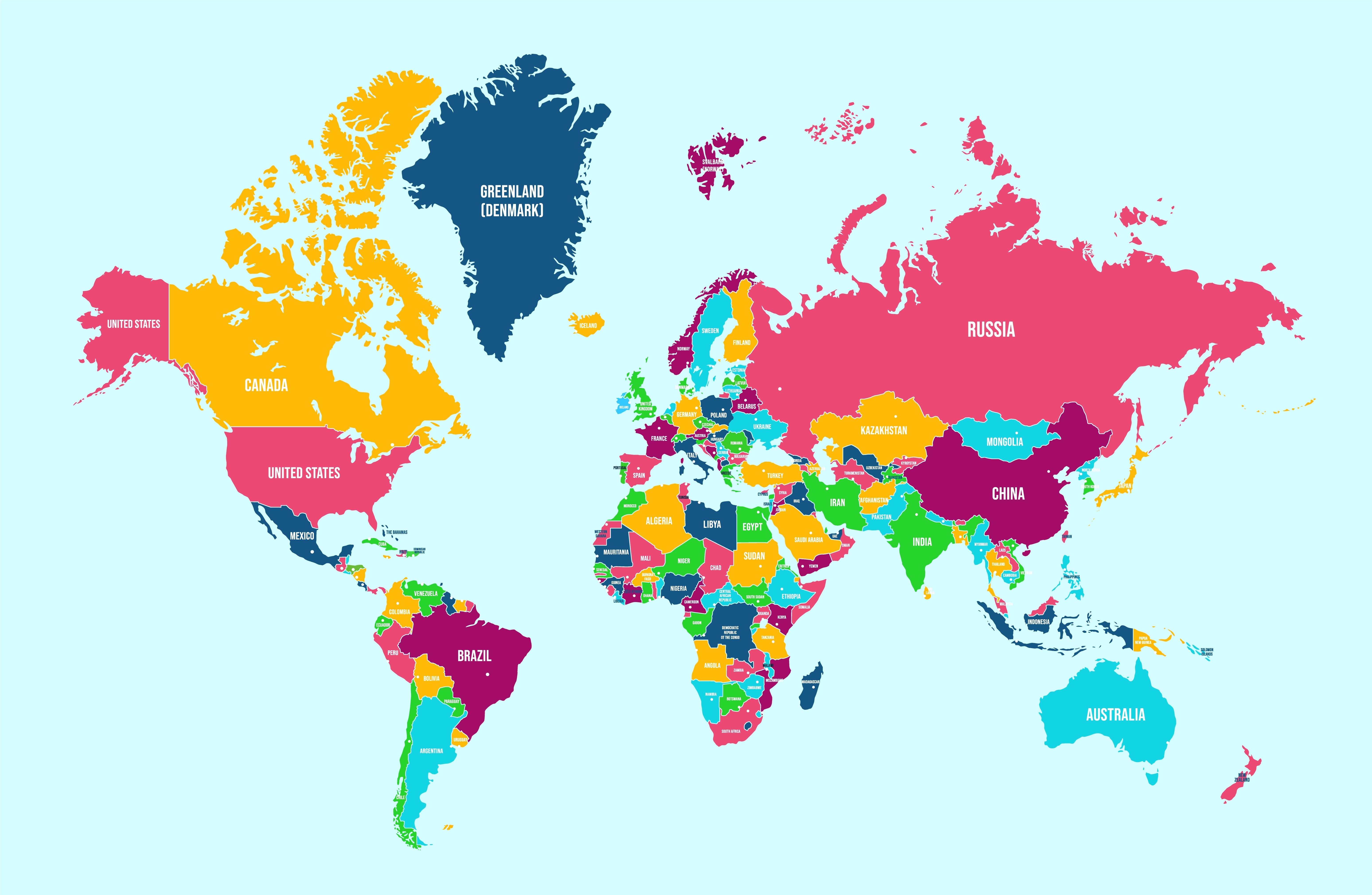 Colorful world map showing all countries with labels for continents and key nations