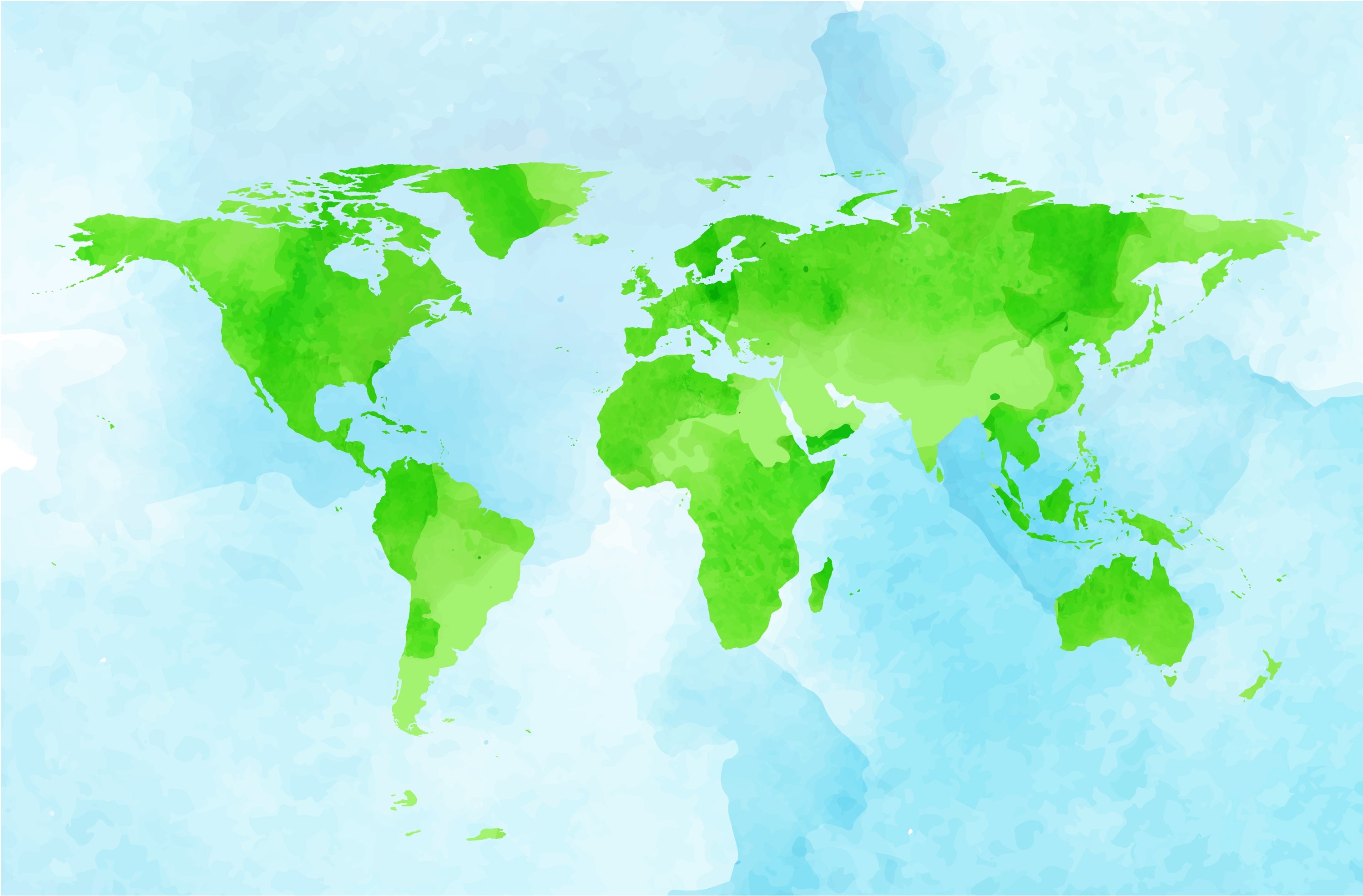 Illustrated world map with continents in green on a blue watercolor-style background