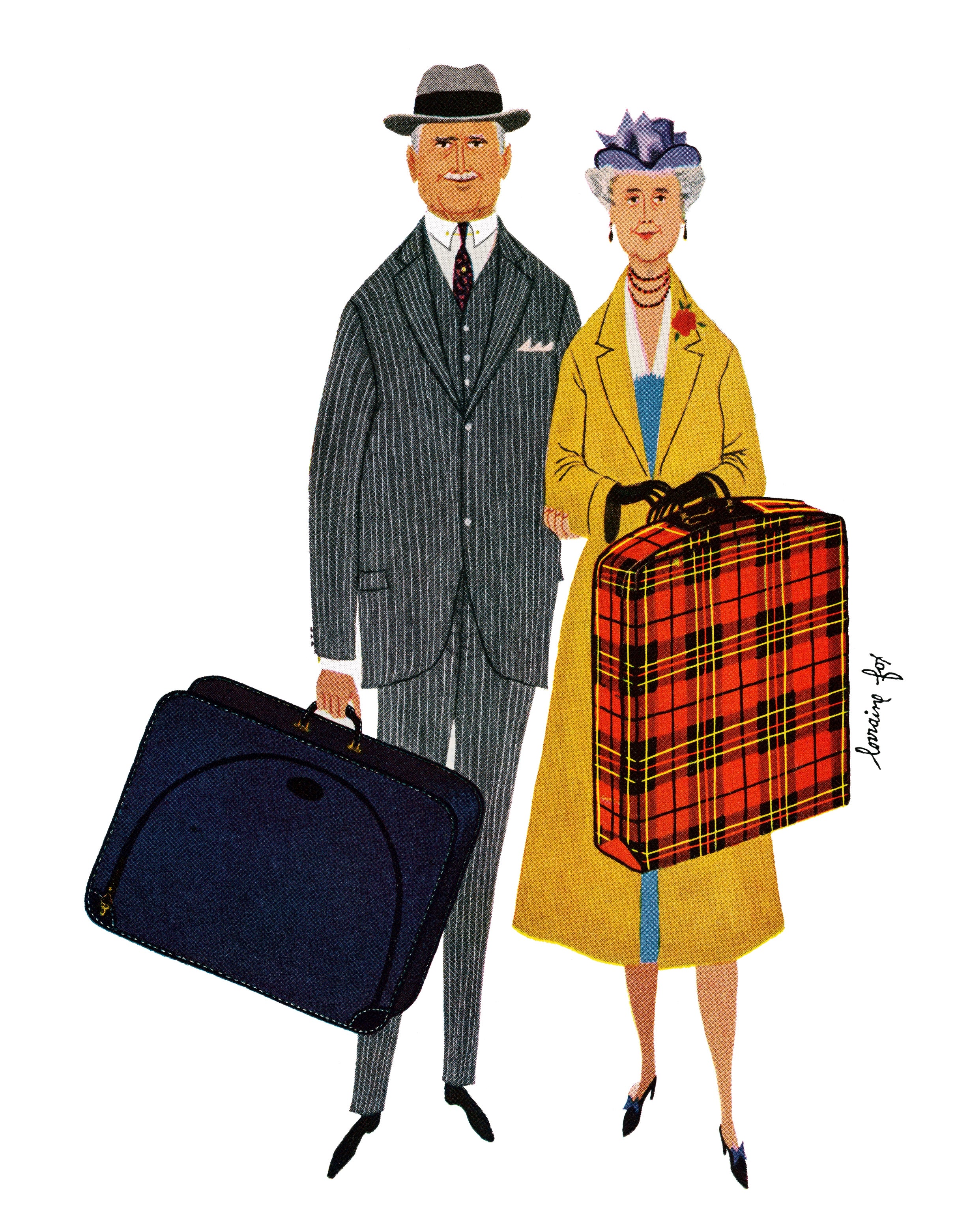 An illustration of a smiling aged  mates  successful  vintage attire, holding suitcases, acceptable   for travel