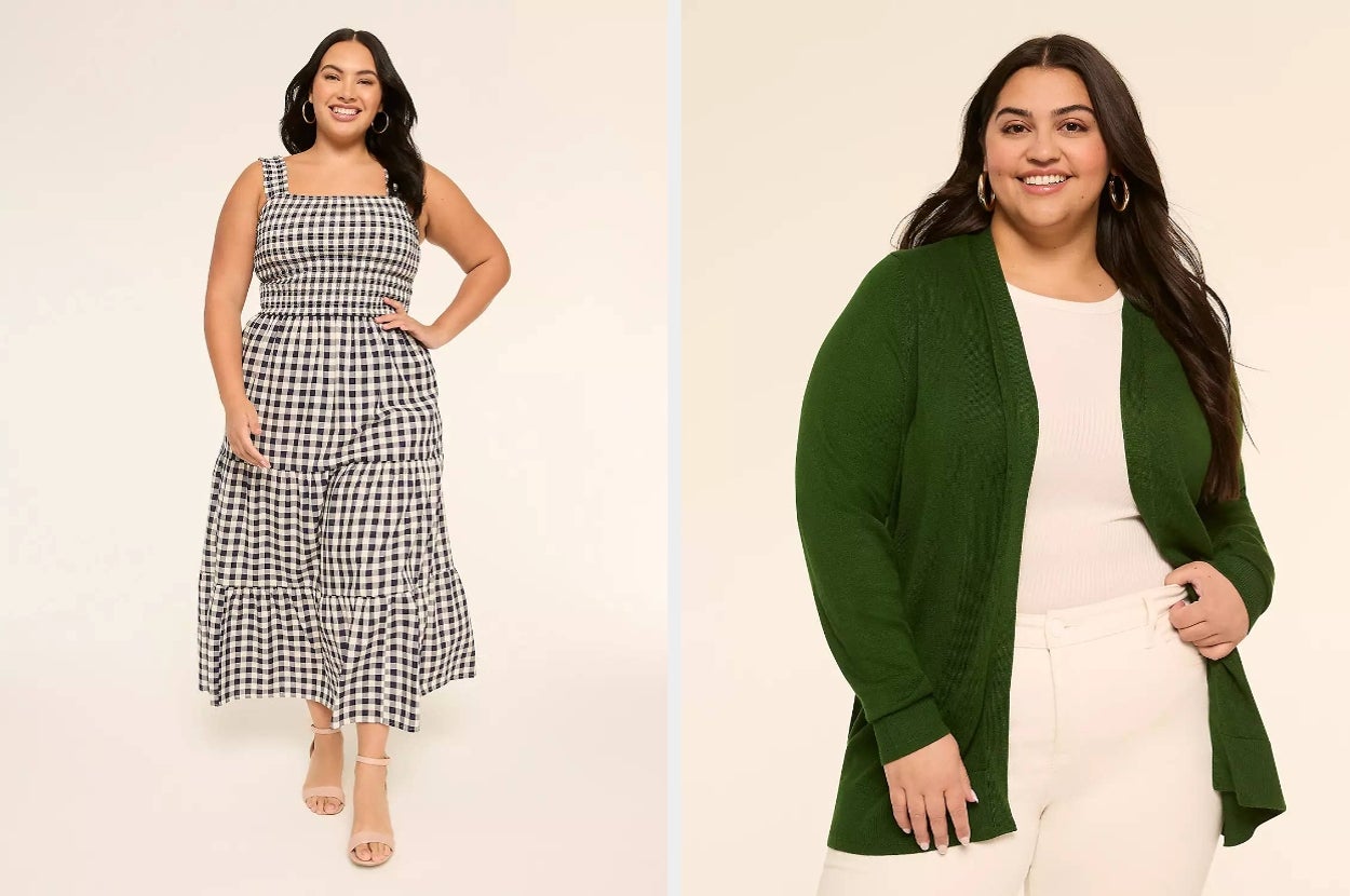 Two women are modeling fashion pieces: a gingham-pattern sleeveless dress on the left and a green cardigan with white pants on the right