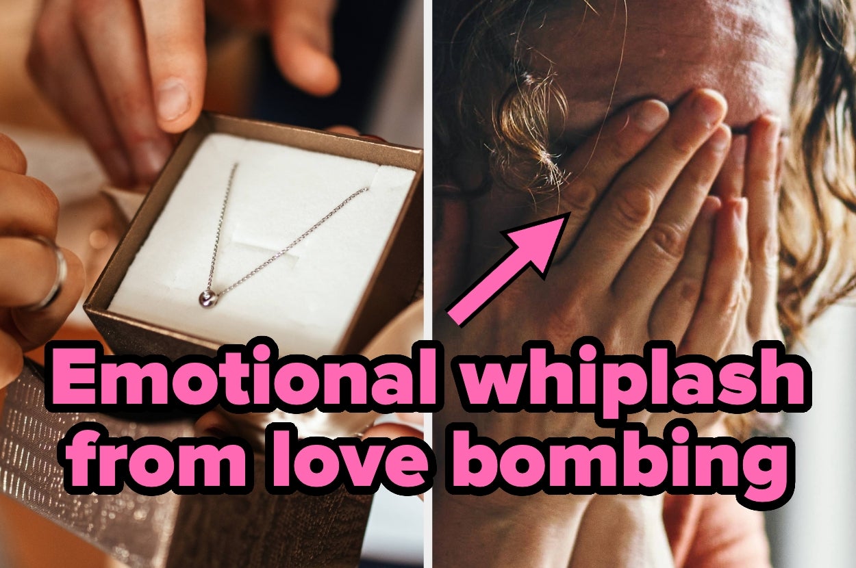 A delicate necklace in a box, and a person covering their face with their hands. Text: "Emotional whiplash from love bombing."