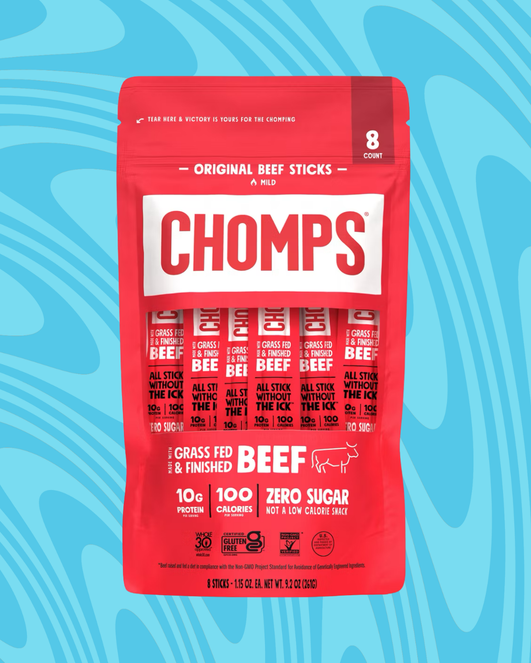 A package of Chomps Original Beef Sticks, highlighting they are grass-fed, contain 10g of protein per stick, and have zero sugar