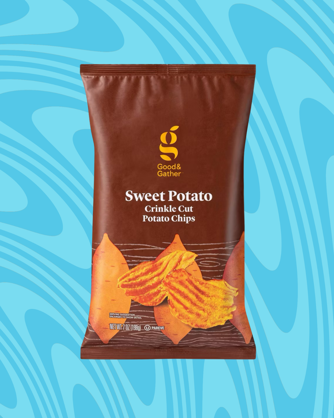 Bag of crinkle cut sweet potato chips from Good &amp;amp; Gather on a blue patterned background