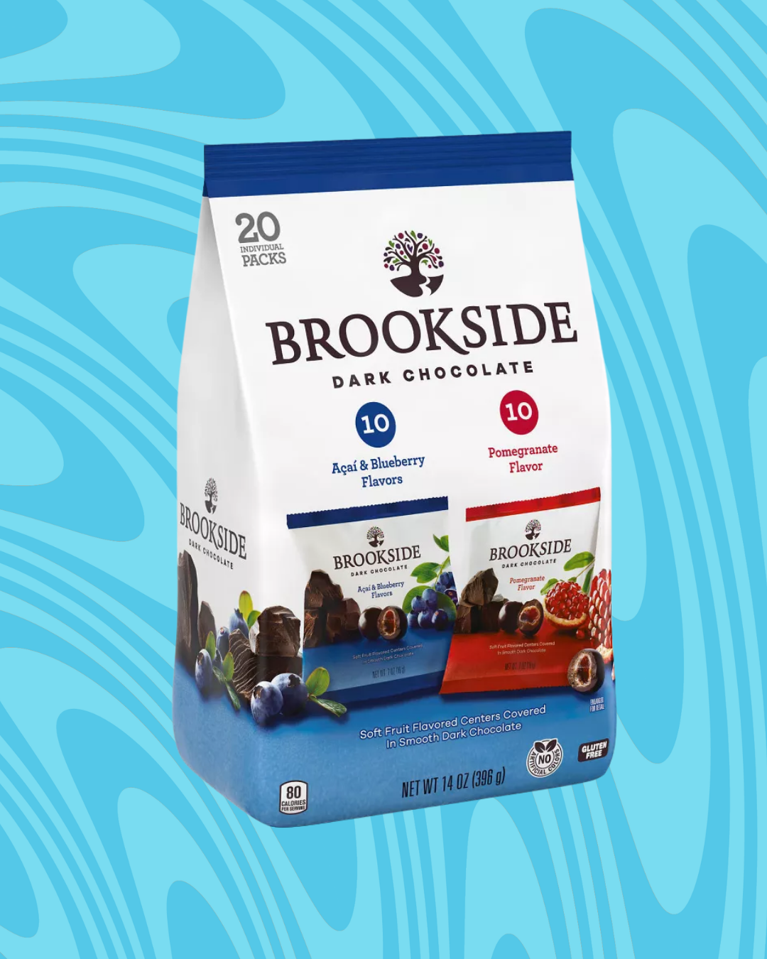 Bag of Brookside Dark Chocolate featuring Acai &amp;amp; Blueberry and Pomegranate flavors on a patterned background