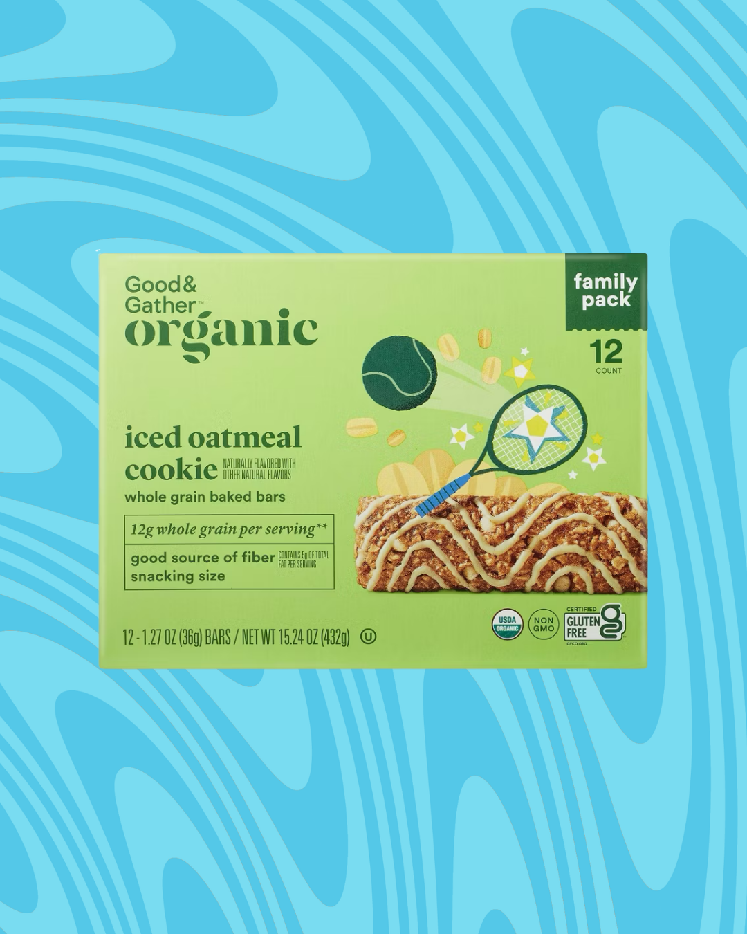 Box of Good &amp;amp; Gather organic iced oatmeal cookie whole grain baked bars, 12 count, displayed on a blue patterned background