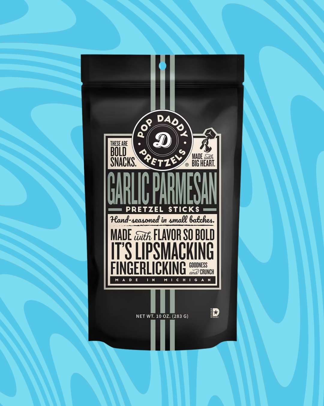 Bag of Pop Daddy Pretzels, Garlic Parmesan flavor, with bold text emphasizing lip-smacking, finger-licking goodness, made in Michigan