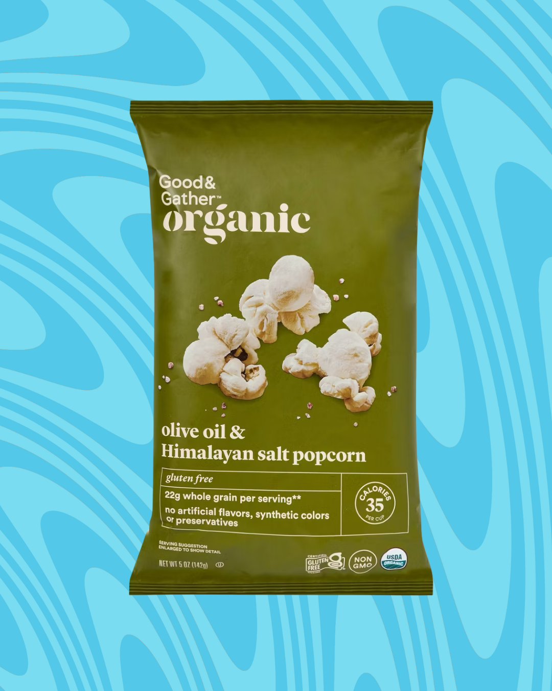 Bag of Good &amp;amp; Gather organic olive oil and Himalayan salt popcorn with nutritional details