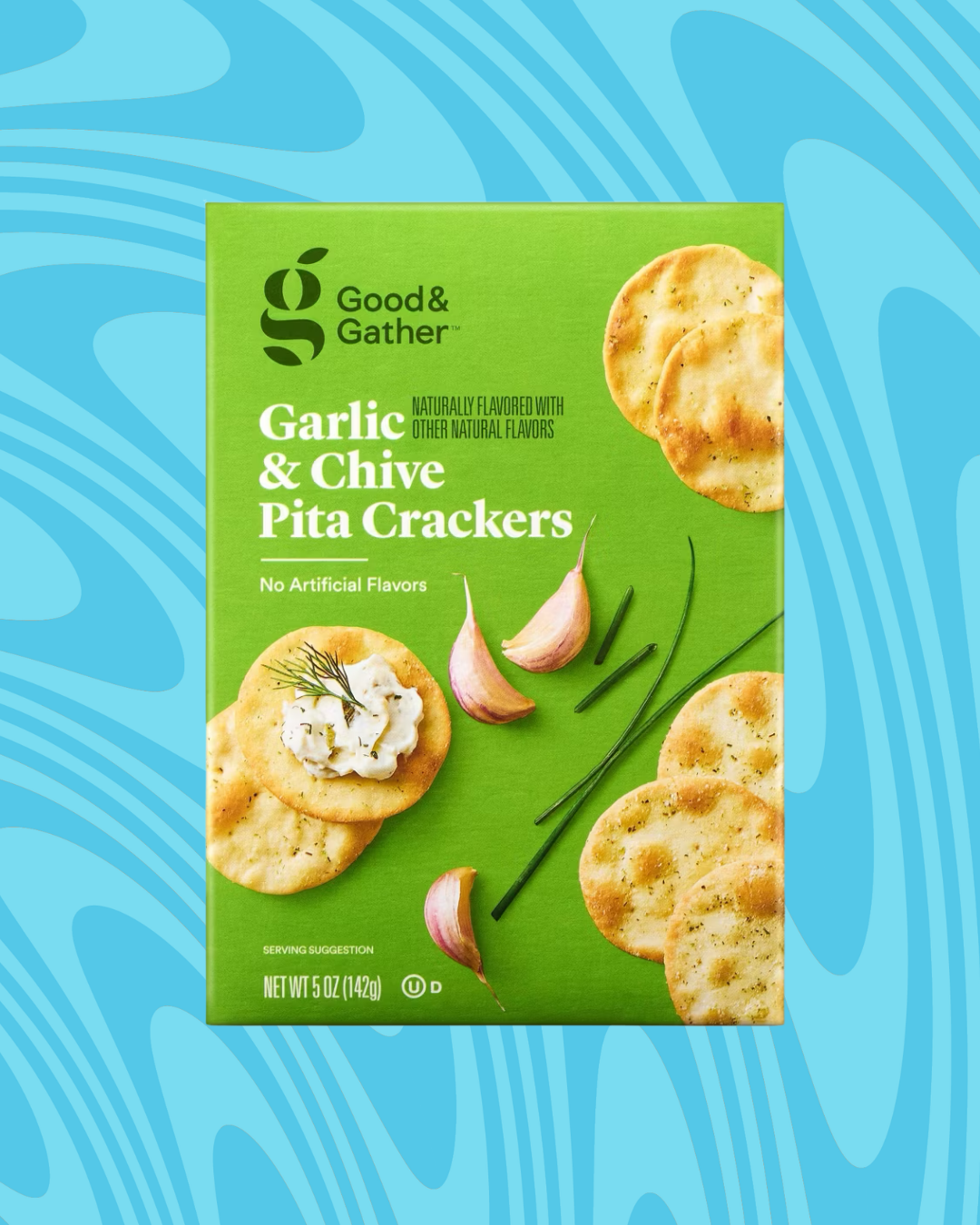 Box of Good &amp;amp; Gather Garlic &amp;amp; Chive Pita Crackers with garlic cloves, chives, and crackers pictured on the packaging