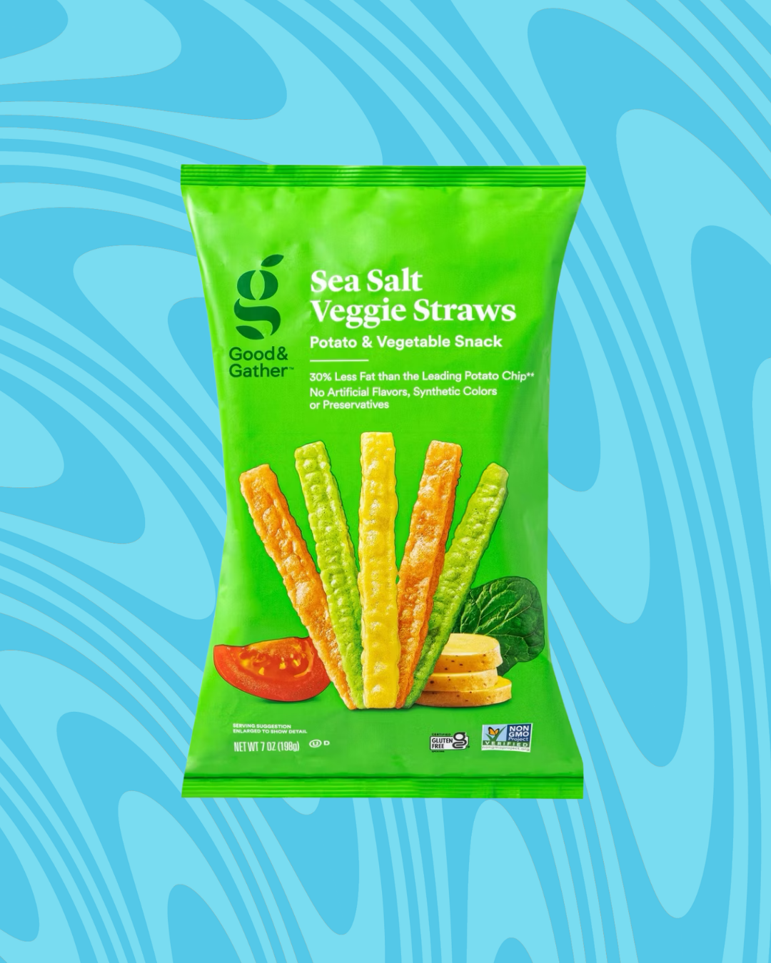 Bag of Good &amp;amp; Gather Sea Salt Veggie Straws, featuring potato and veggie snacks with spinach, tomato, and cheese images on the packaging