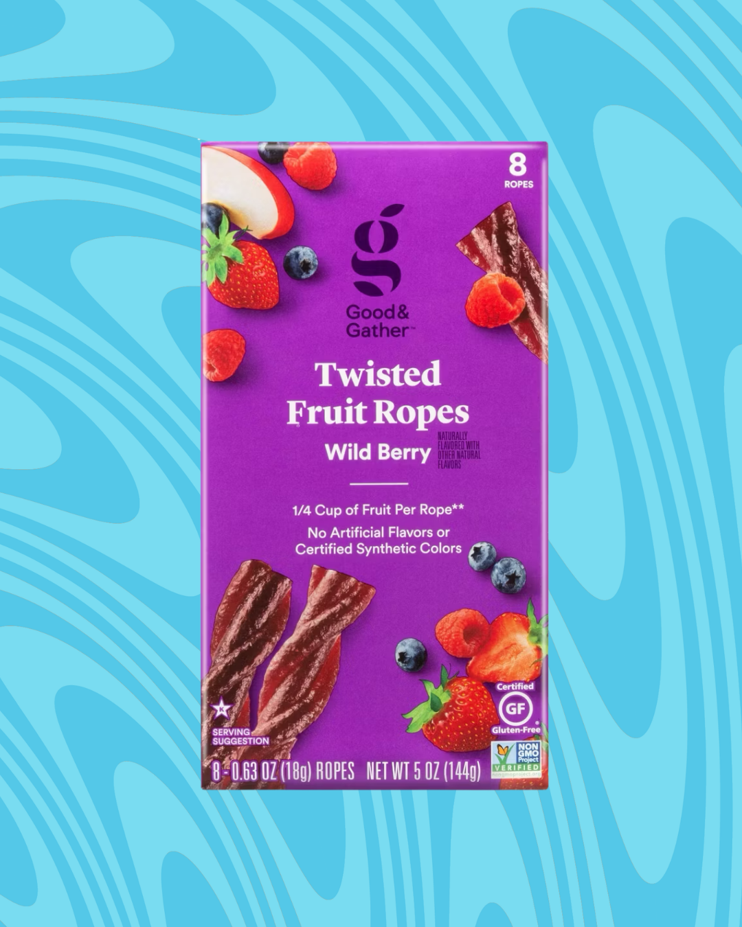 Box of Good &amp;amp; Gather Twisted Fruit Ropes in wild berry flavor, with images of berries on the packaging