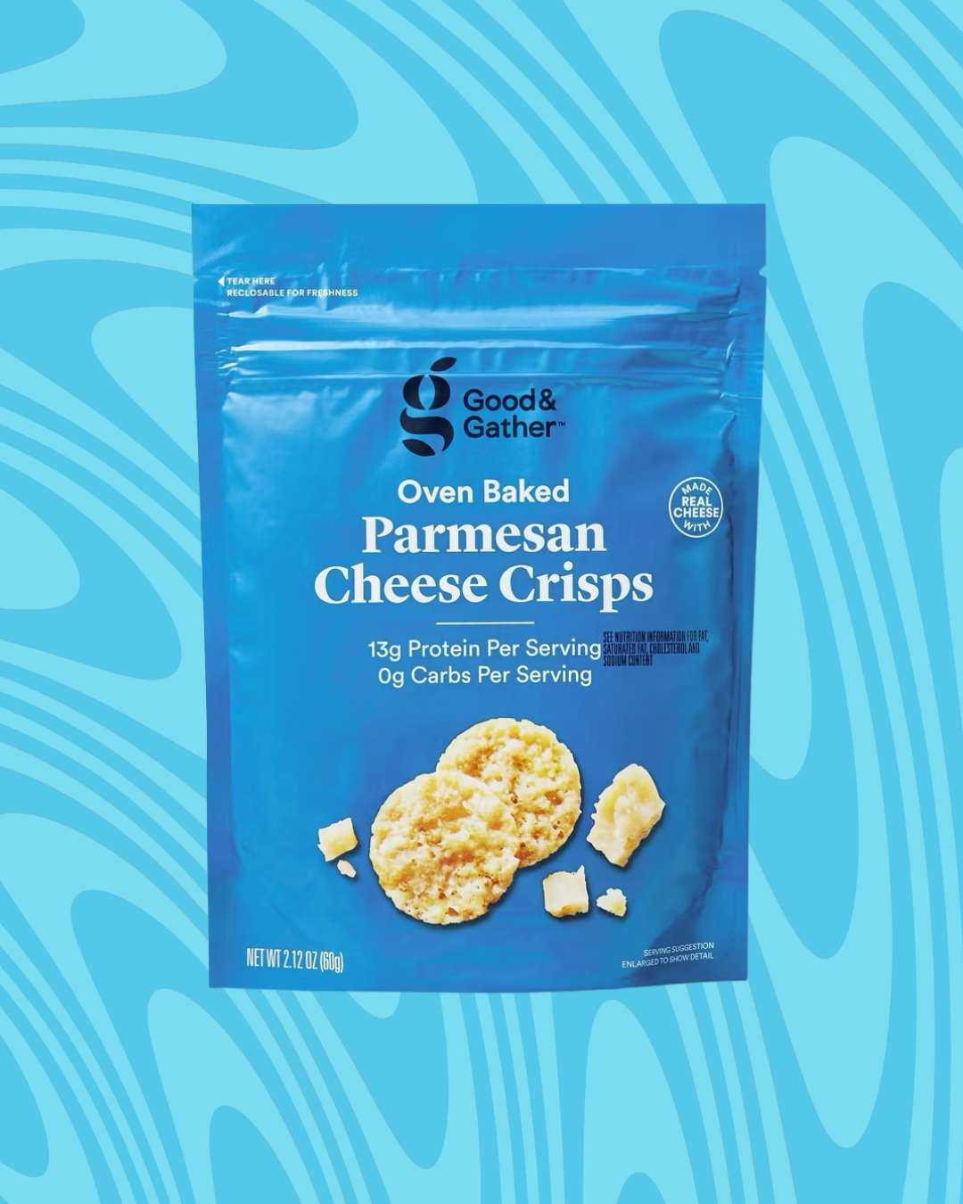 Bag of Good &amp;amp; Gather Oven Baked Parmesan Cheese Crisps showing nutritional info: 13g protein and 0g carbs per serving