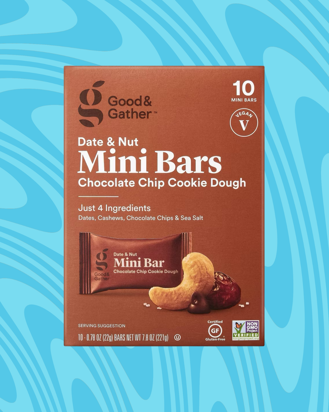 Box of Good &amp;amp; Gather Date &amp;amp; Nut Mini Bars in chocolate chip cookie dough flavor, highlighting dates, cashews, chocolate chips, and sea salt