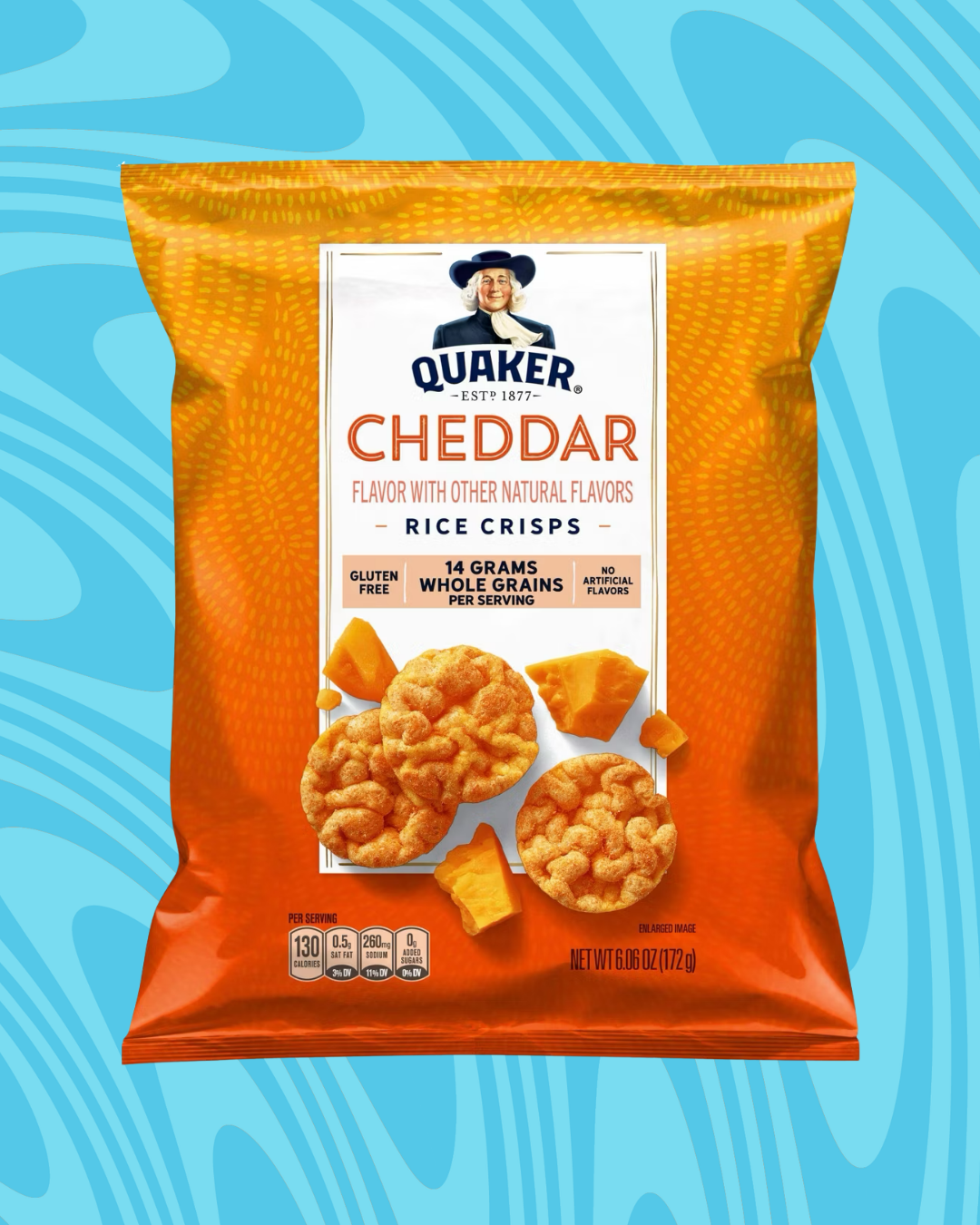 Bag of Quaker Cheddar Rice Crisps with cheddar pieces, highlighting gluten-free, 130 calories, and 14g whole grains per serving