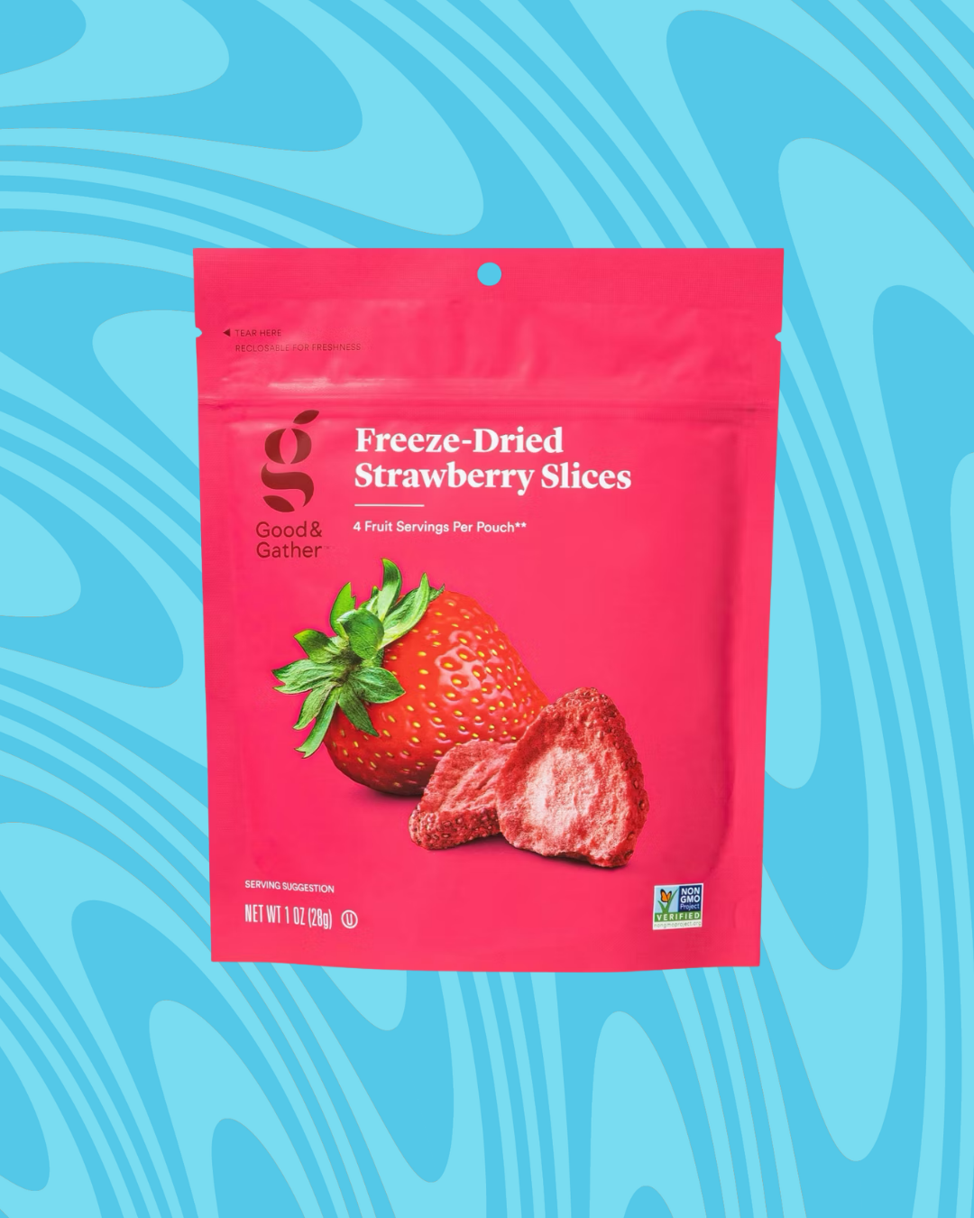 Bag of Good &amp;amp; Gather freeze-dried strawberry slices against a blue patterned background
