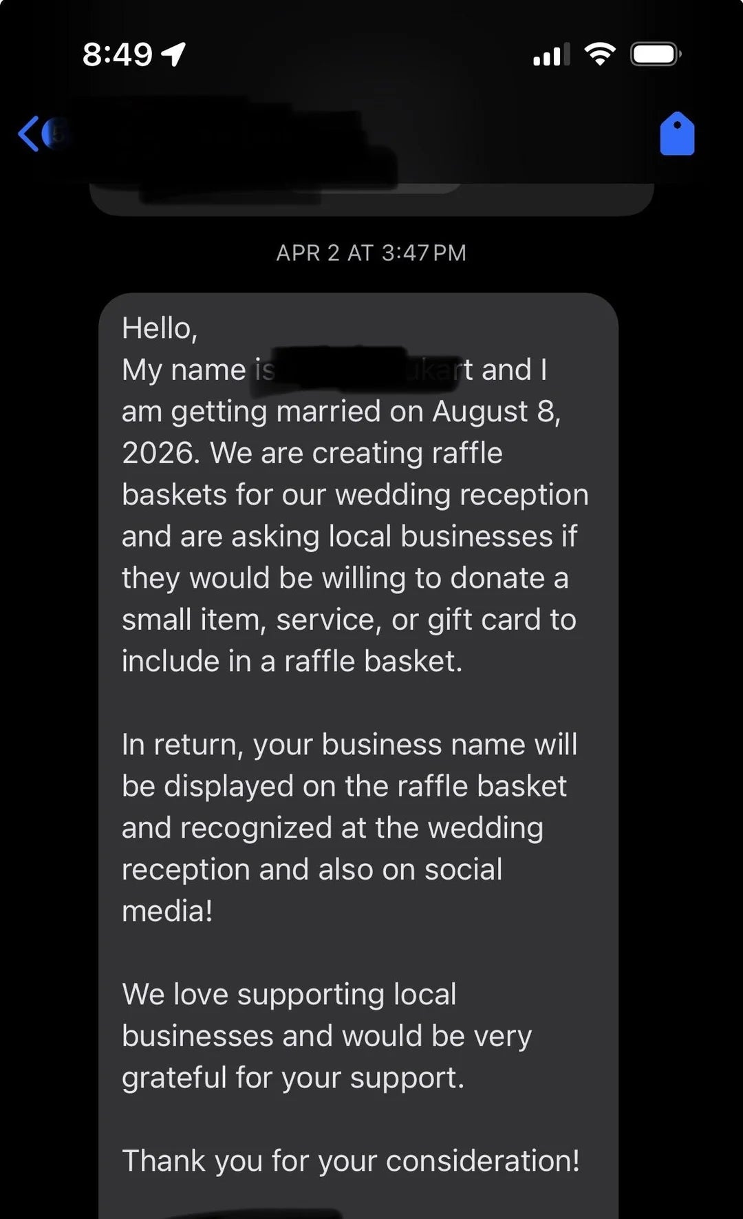  Seeking section  businesses to donate tiny  items, services, oregon  acquisition  cards for a wedding raffle connected  August 8, 2026