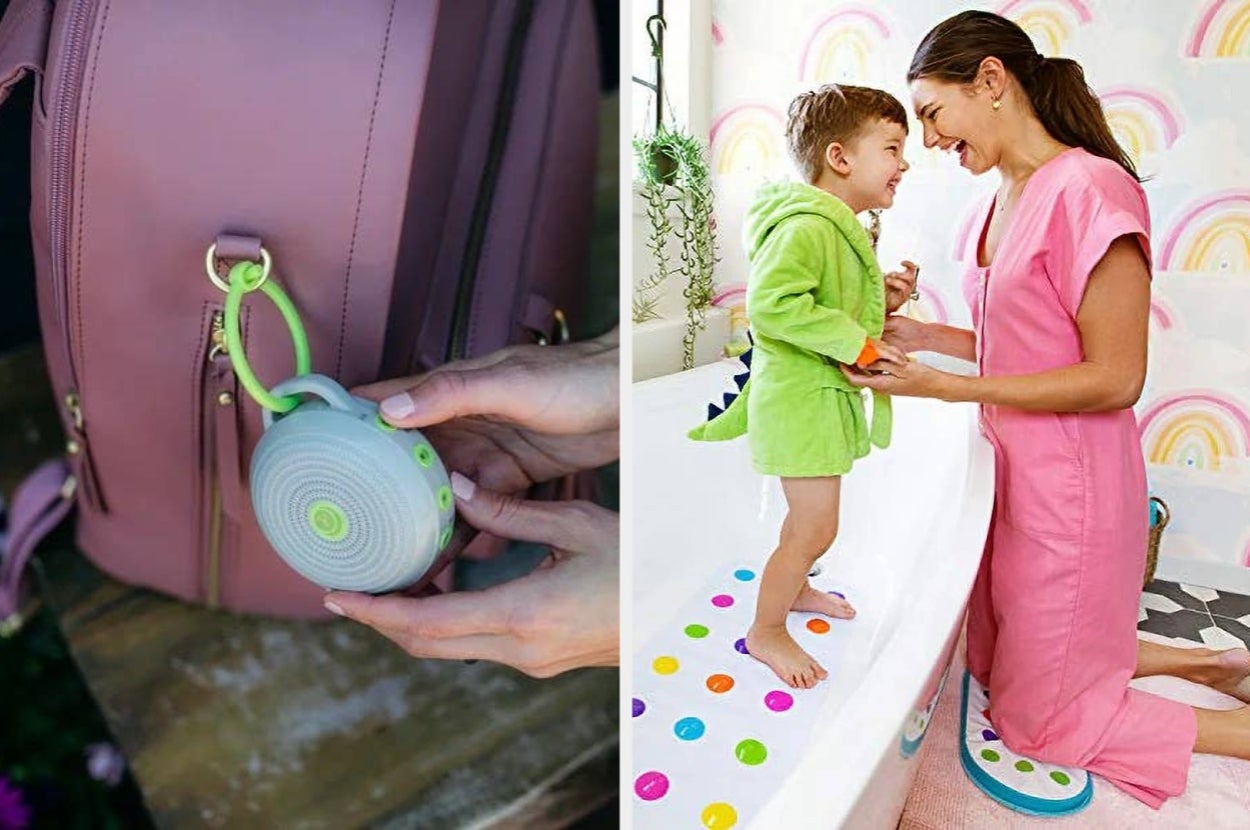 Portable speaker attached to a backpack; woman with a child in a dinosaur-themed robe near a bathtub with colorful non-slip dots