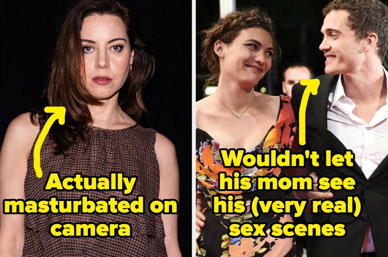 Two images. Left: Person looking at camera with text "Actually masturbated on camera." Right: Two people smiling at each other with text "Wouldn't let his mom see his (very real) sex scenes."
