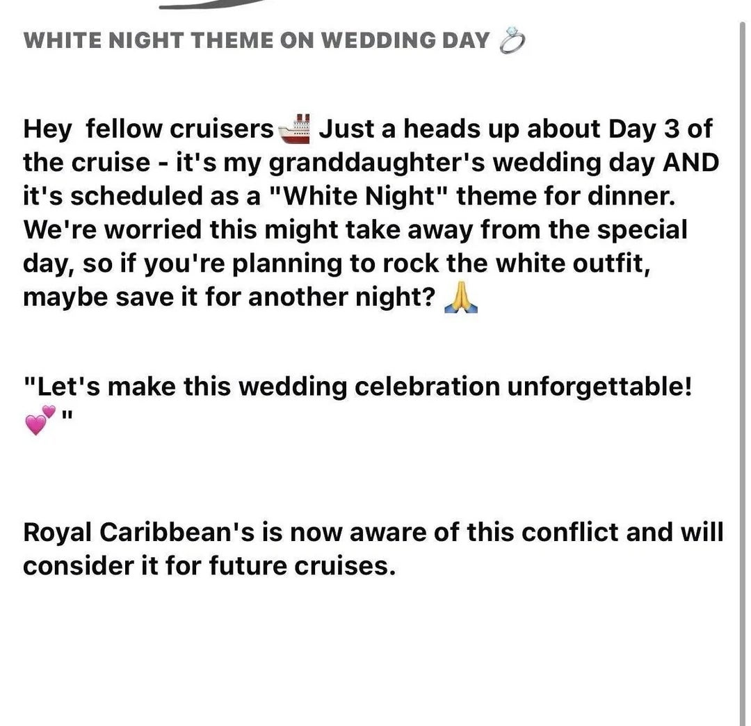  A rider  shares concerns astir  her granddaughter's wedding conflicting with a cruise achromatic  night. Royal Caribbean volition  see  this