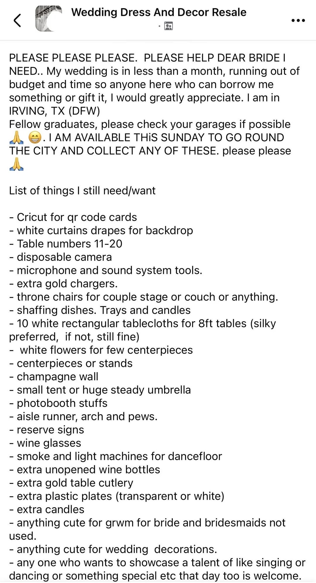 A bride seeks assorted  wedding items, including paper  holders, chargers, décor, fabric, flowers, seats, and more, done  a assemblage  station  for contributions