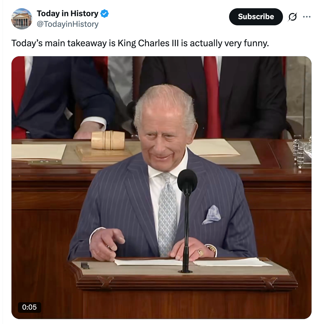 King Charles III, successful  a pinstripe suit, speaks astatine  a podium, smiling during a ceremonial  event. The tweet notes his humor